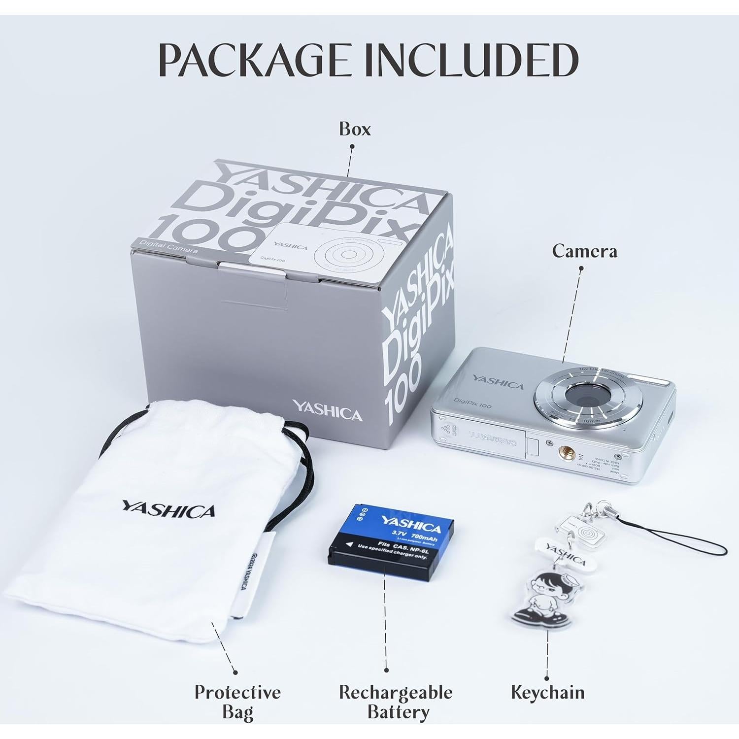Yashica DigiPix 100 Digital Camera - FHD 1080P Point and Shoot with 16X Zoom, Supports Micro SD Cards - Silver