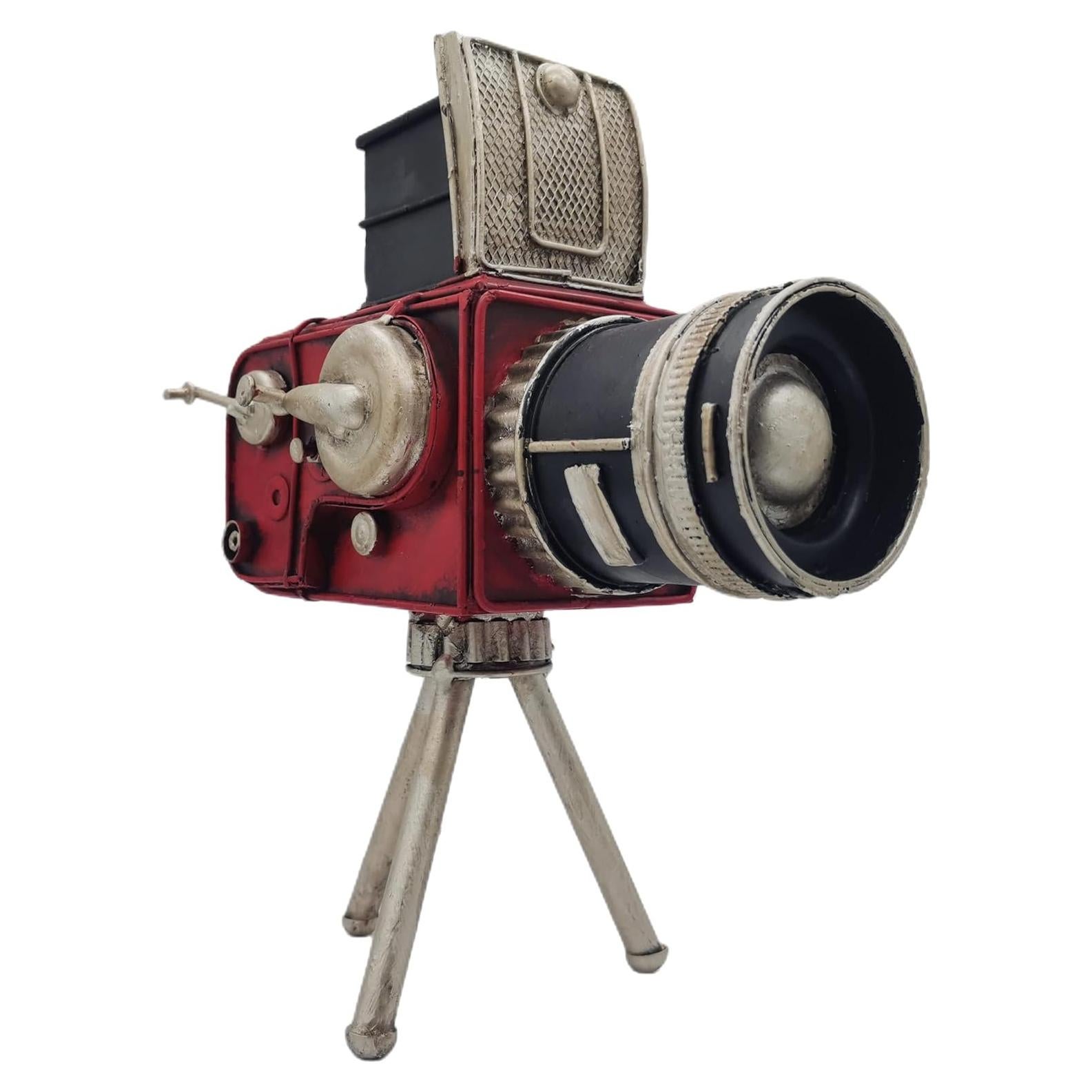 Vintage Tripod Camera Model Metal Sculpture Decor Cinema Photography Accessory Pen Holder Decorative Figurine Home Desktop Decoration Nostalgic Gift