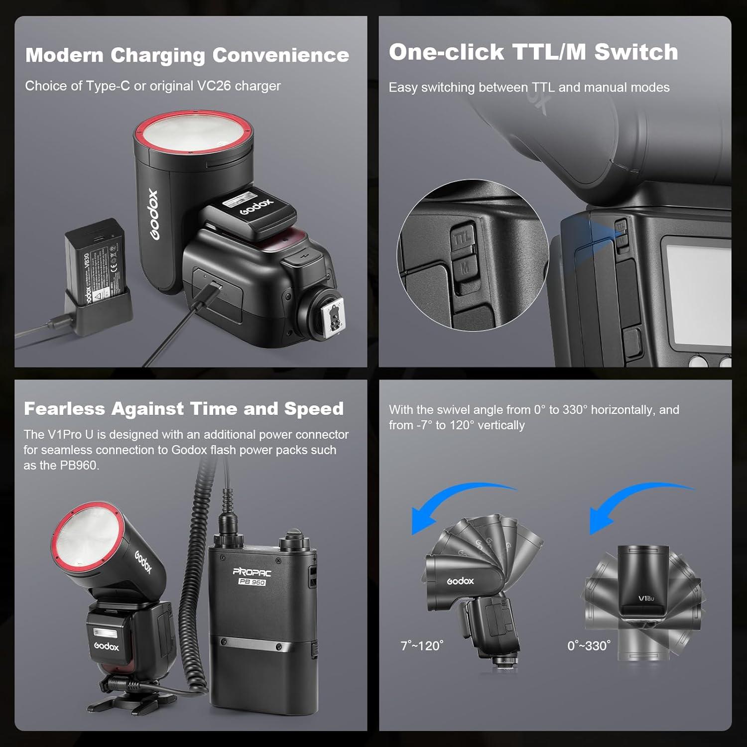 Flash Godox V1 Pro U TTL para Fujifilm con Accesorios