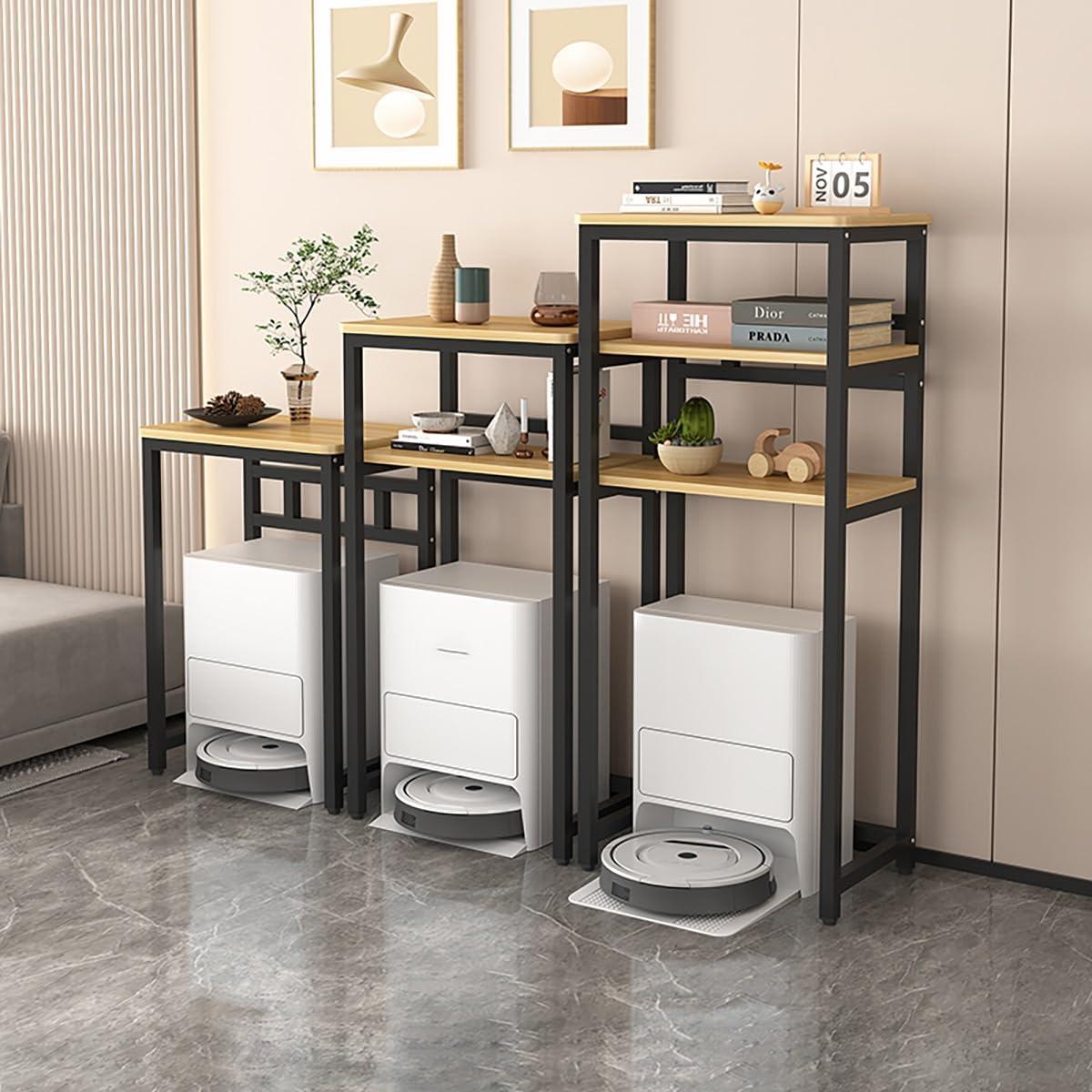 Modern Robot Vacuum Storage Rack,Robot Vacuum Stand Cabinet,Steel Frame with Wooden Top,Vacuum Hidden Open Storage Shelves,Small End Tables for Bathroom(Black,50x53cm/19.6x20.8)