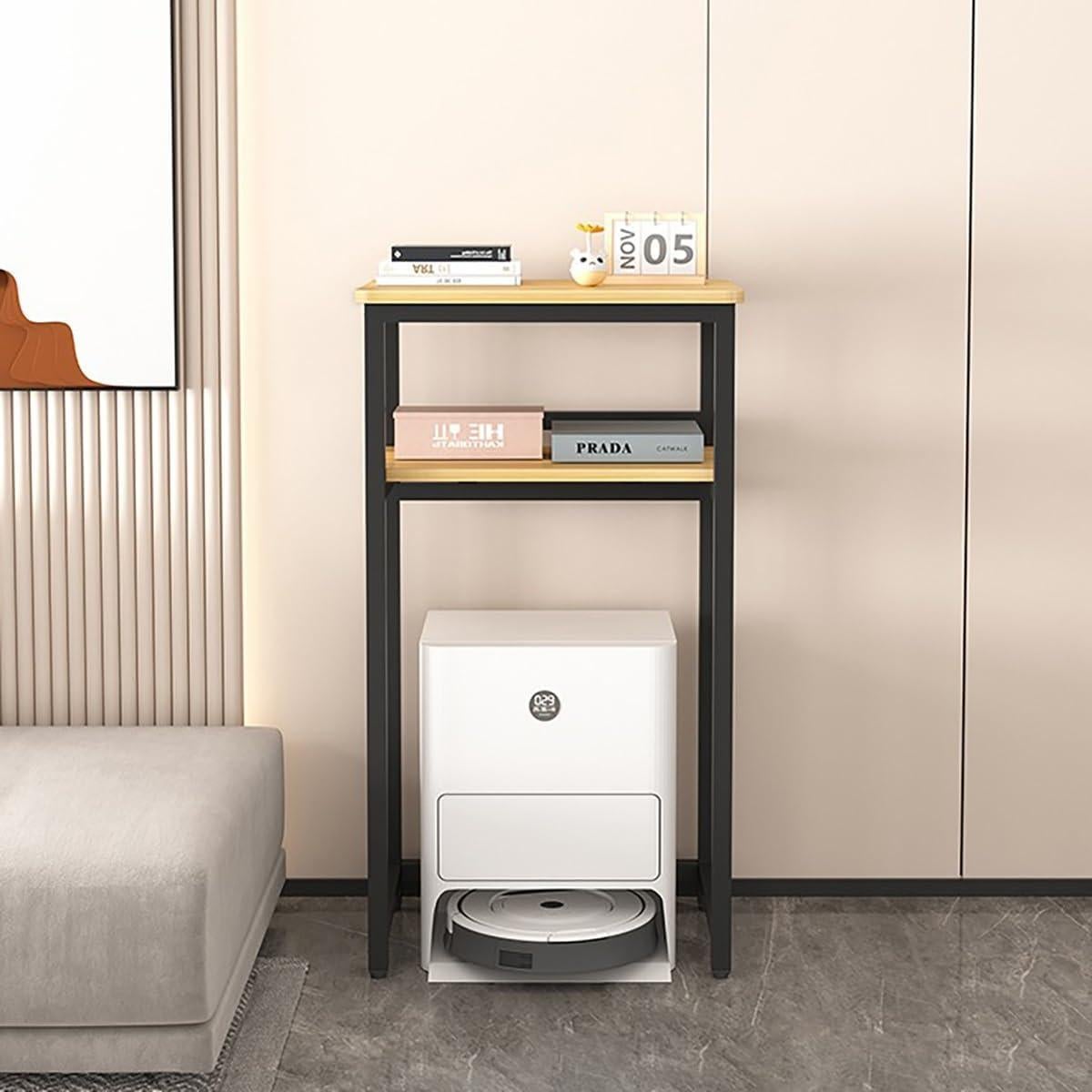 Modern Robot Vacuum Storage Rack,Robot Vacuum Stand Cabinet,Steel Frame with Wooden Top,Vacuum Hidden Open Storage Shelves,Small End Tables for Bathroom(Black,50x53cm/19.6x20.8)