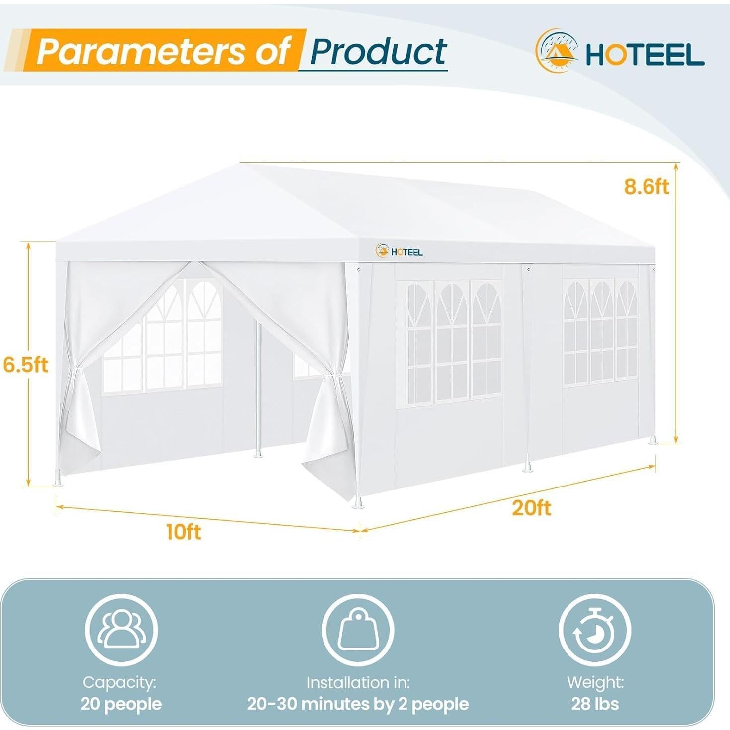 Carpa de Fiesta HOTEEL 10x20 Pies Blanca Impermeable con 4 Paredes