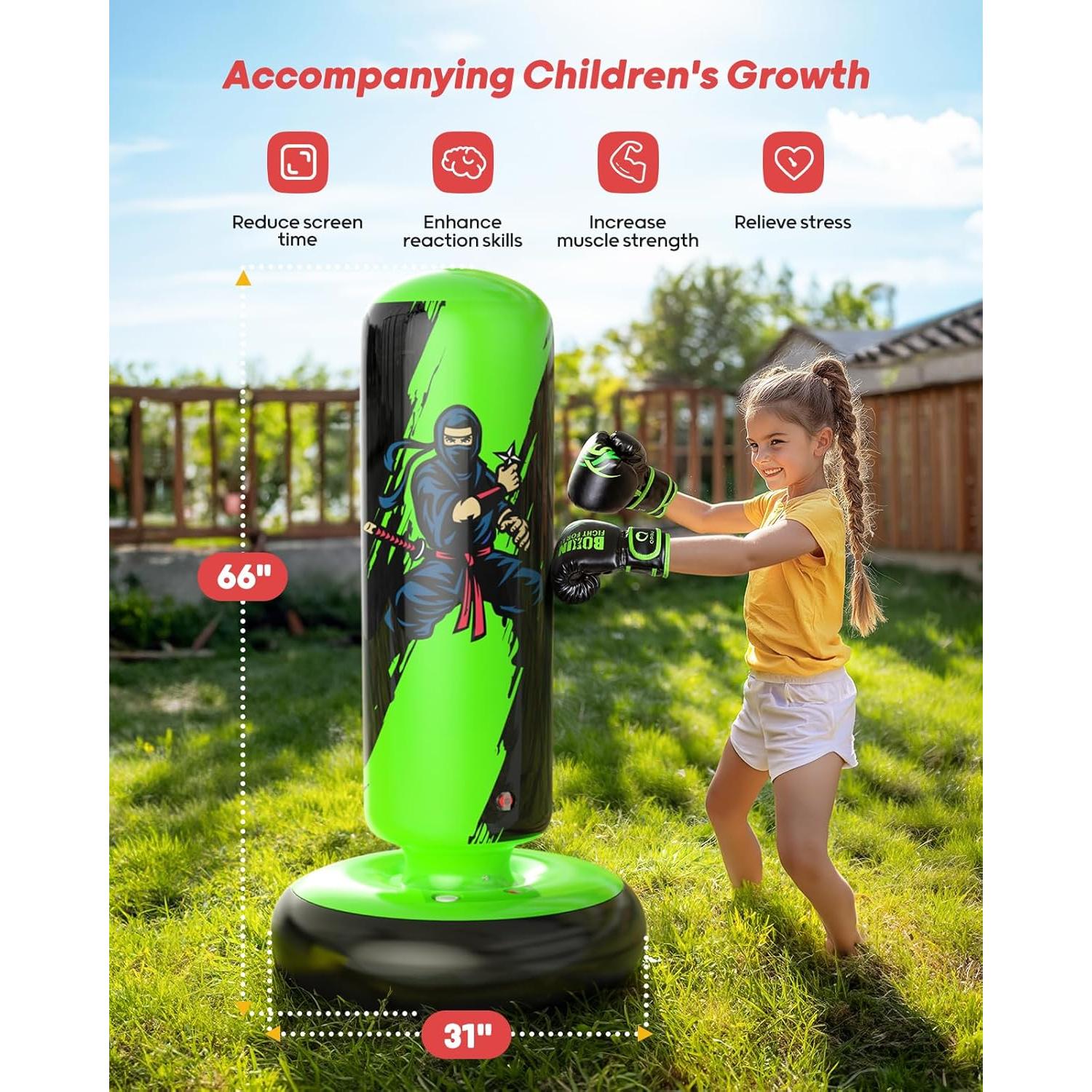 Saco de Boxeo Inflable QPAU 167 cm con Guantes para Niños