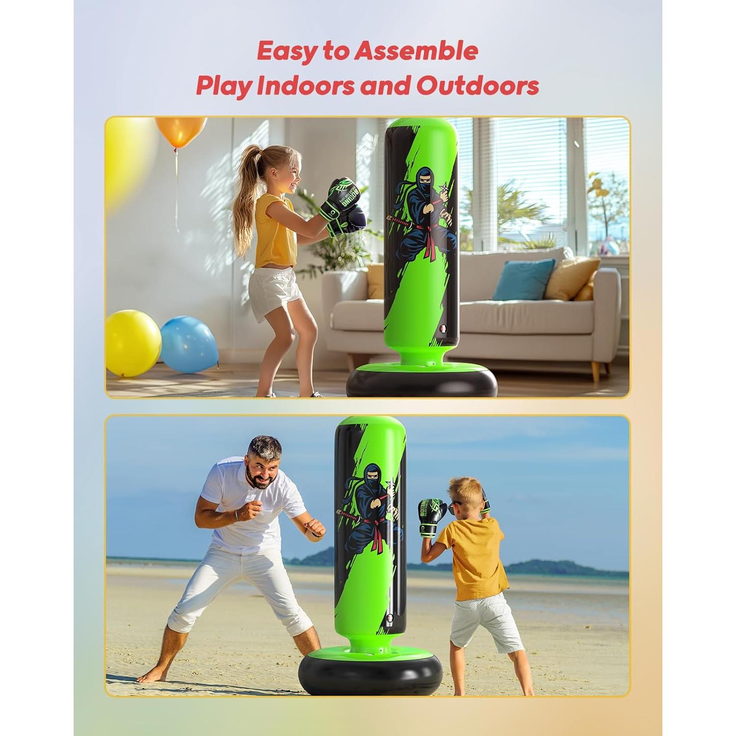 Saco de Boxeo Inflable QPAU 167 cm con Guantes para Niños