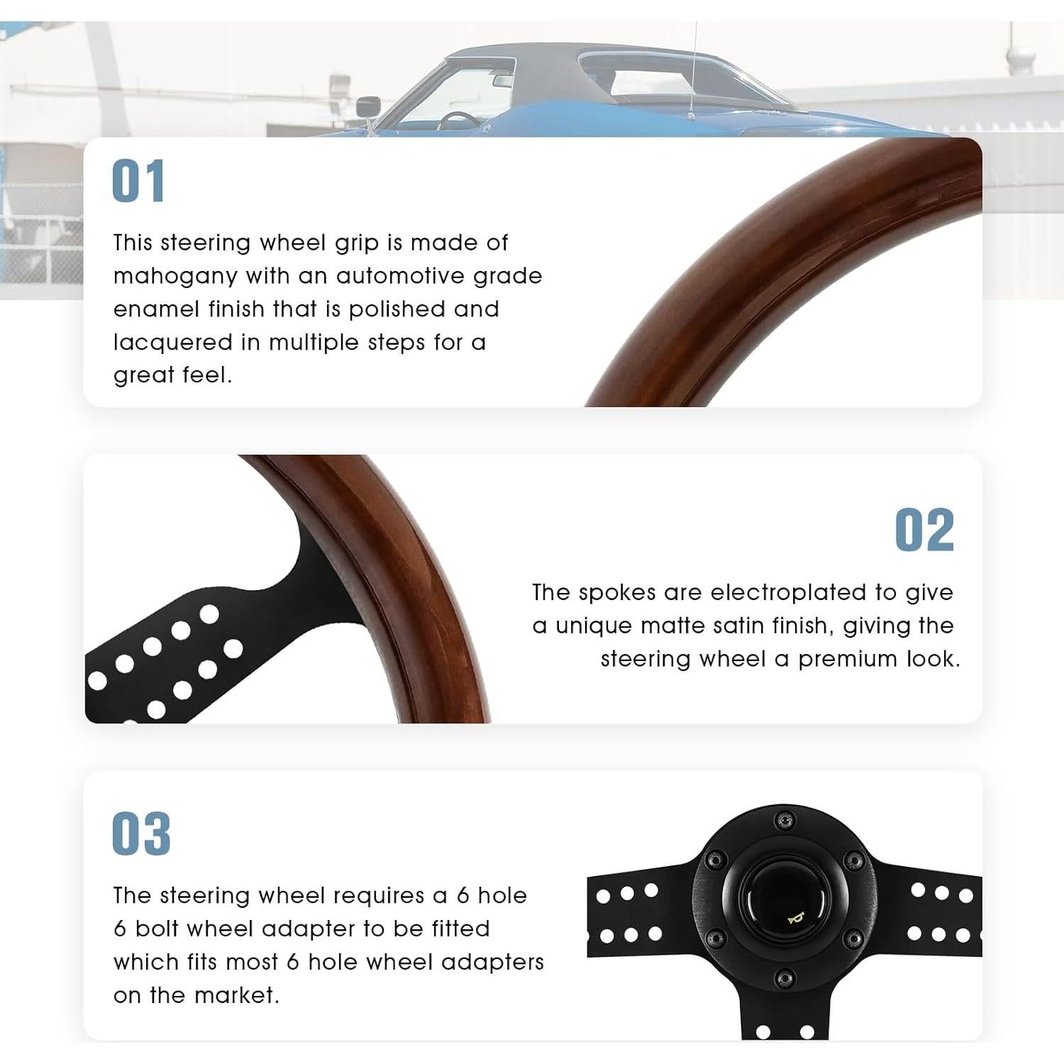 Volante de Madera QYMOPAY 36 cm 6 Agujeros para Rally