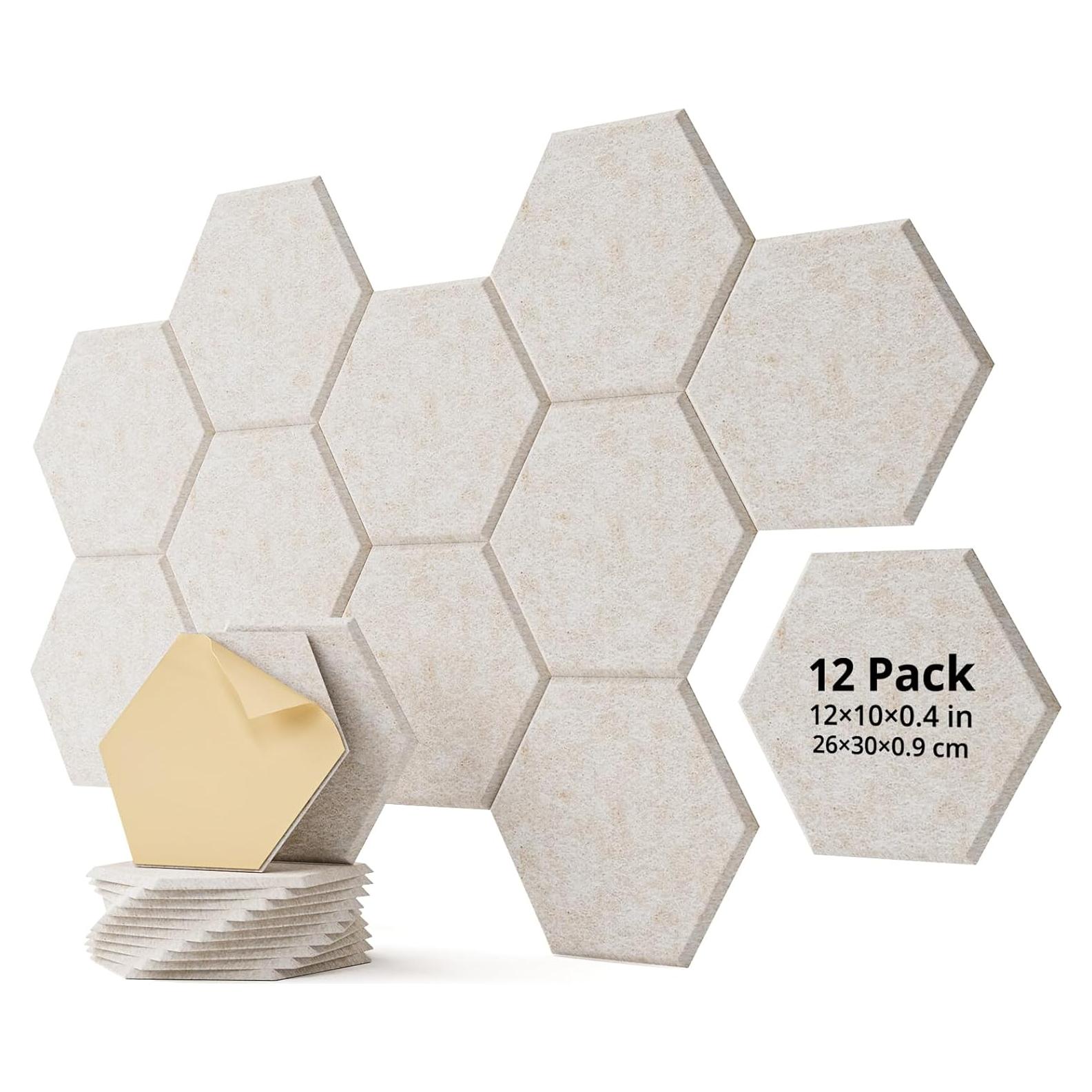 Paquete de 12 Paneles Acústicos Hexagonales Beige 30.48x25.4cm