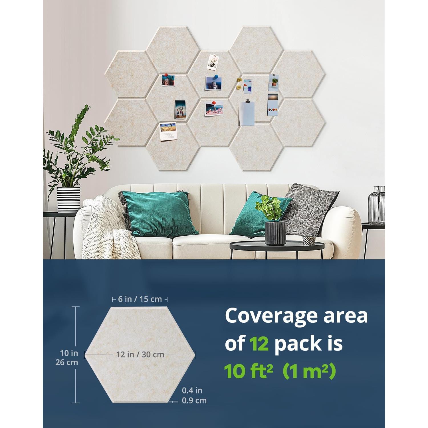 Paquete de 12 Paneles Acústicos Hexagonales Beige 30.48x25.4cm