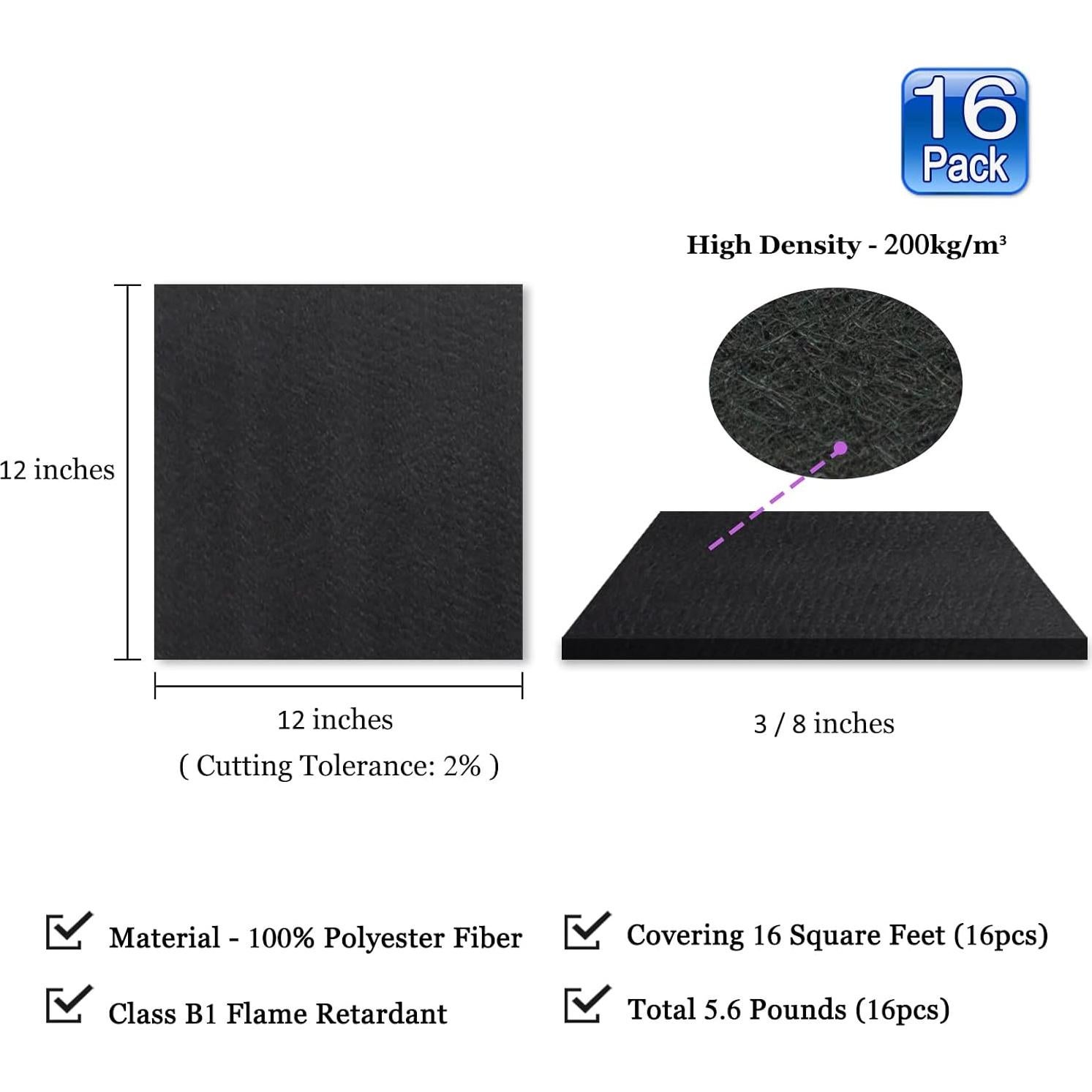 BXI Sound Absorber, 12 X 12 X 3/8 Inches 16Pcs High Density Acoustic Absorption Panel, Sound Absorbing Panels Reduce Echo Reverb, Tackable Acoustic Panels for Wall and Ceiling Acoustic Treatment