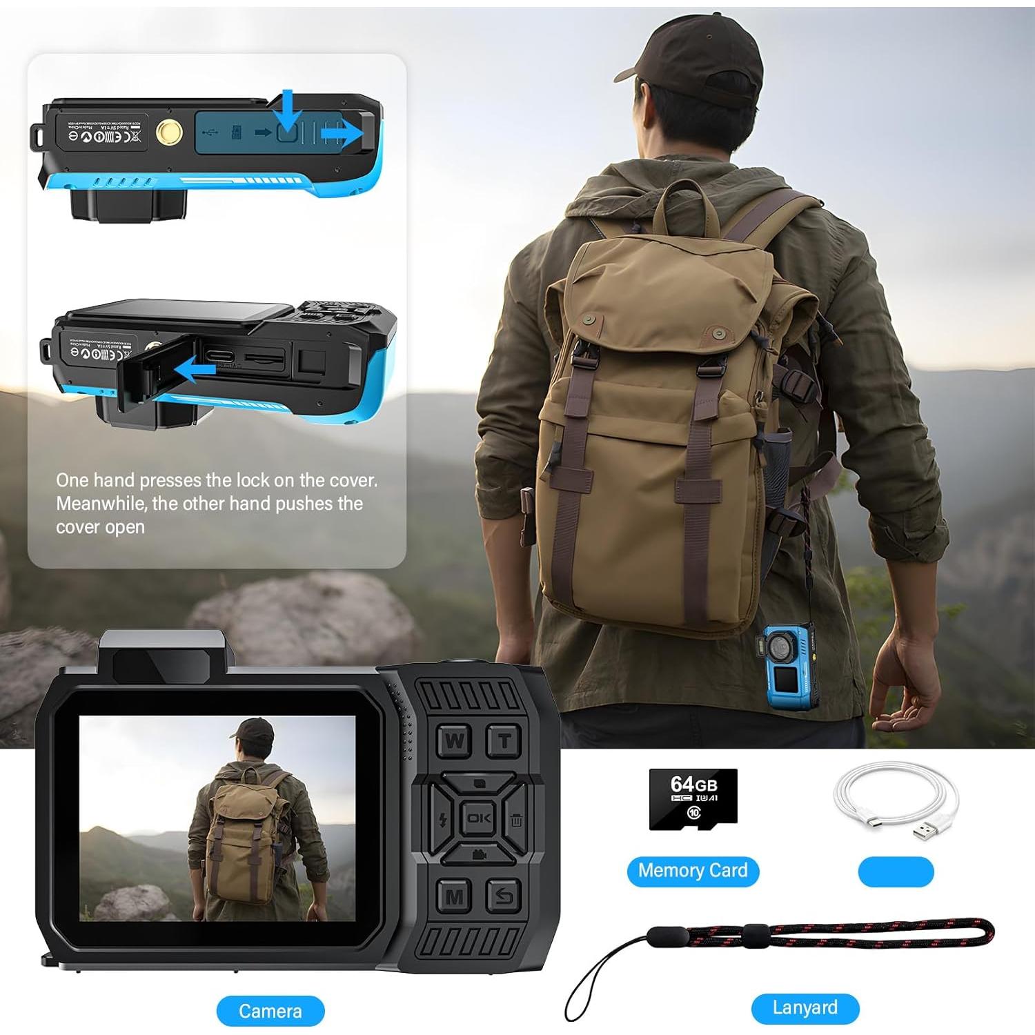 Cámara Digital 8K UHD 70MP Tupsio Resistente al Agua Azul