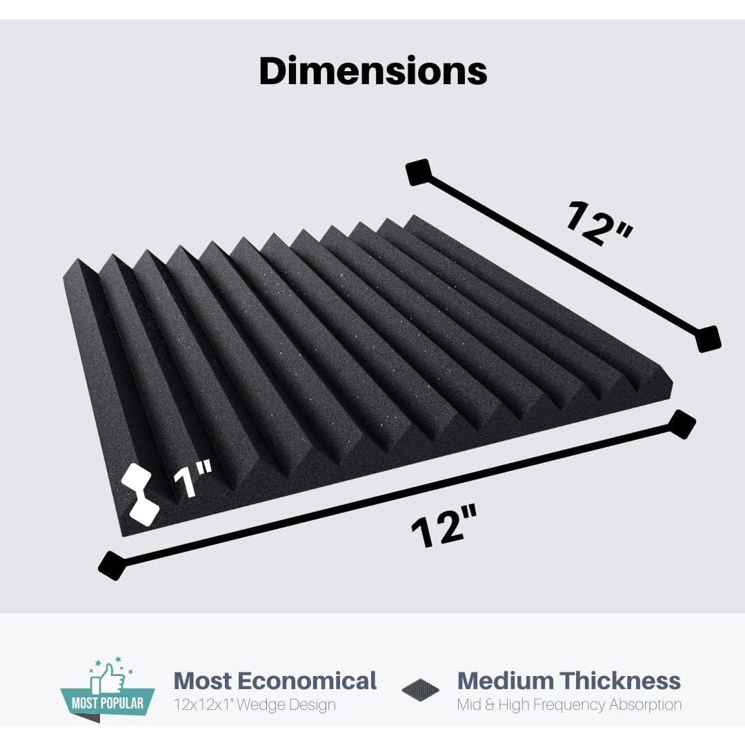 Soundproofing Acoustic Studio Foam - Wedge Style Panels - 12"x12"x1" Tiles - 6 Pack - DIY Acoustic Treatment for Recording Studio, Podcasting, Voice Over Vocal Booths, and More
