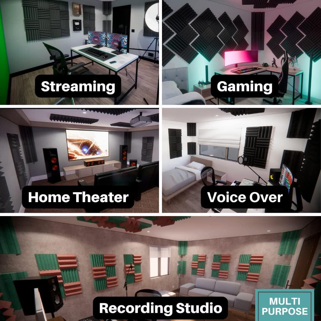 Soundproofing Acoustic Studio Foam - Wedge Style Panels - 12"x12"x1" Tiles - 6 Pack - DIY Acoustic Treatment for Recording Studio, Podcasting, Voice Over Vocal Booths, and More