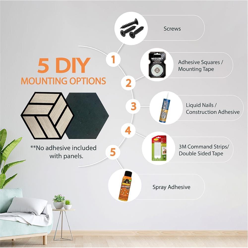 Urban Decor Hexagon Acoustic Slat Wall Foam Panels for 3D Wood Wall Decor, Cool Room Accessories, Acoustic Dampening, Mens Room Decor, Gaming Areas, TV walls and more (5 pieces, Grey)