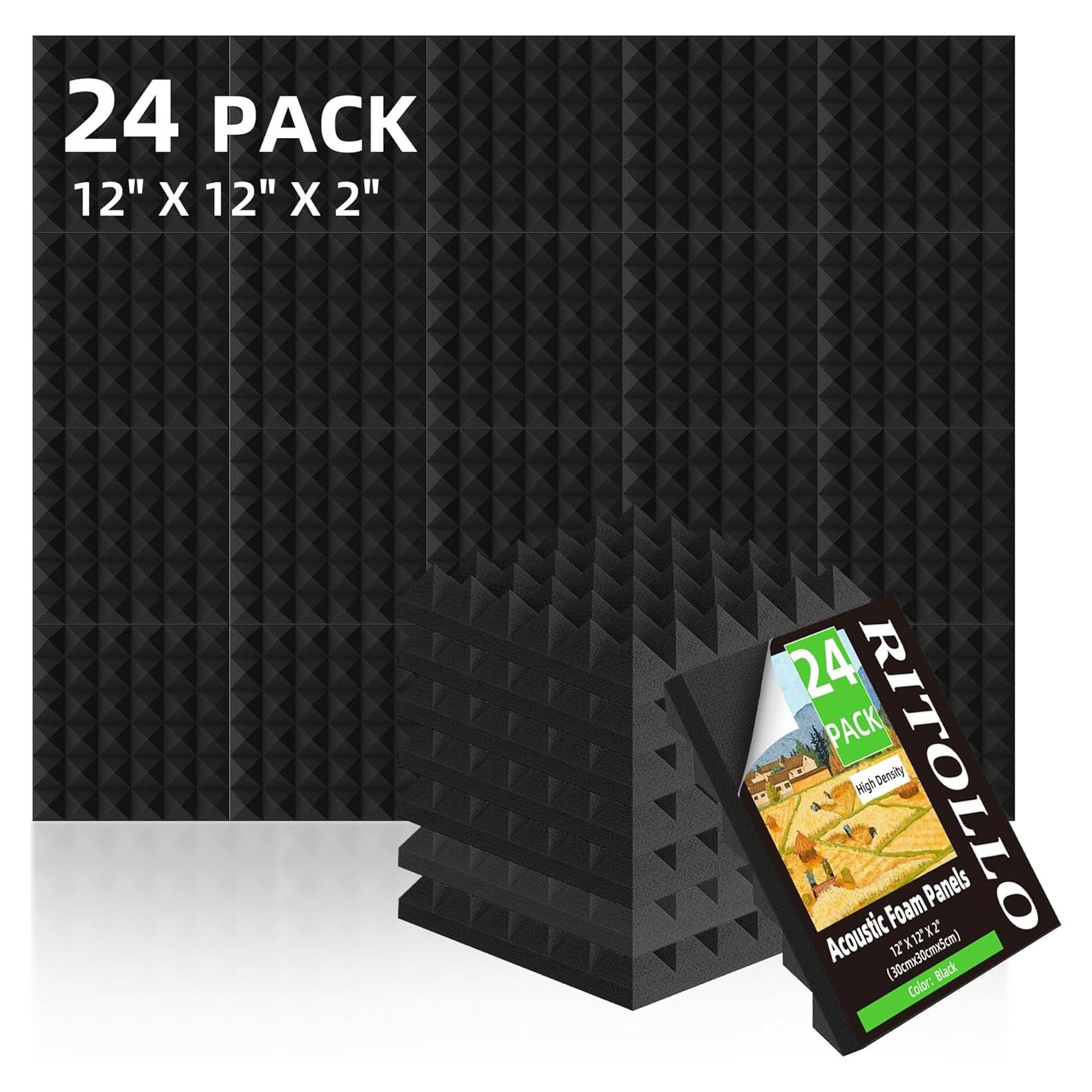 24 pack Self-Adhesive Sound Proof Foam Panels with Pyramid Acoustic Foam for wall, 2"×12"×12" High Density Soundproof Wall Panels absorbing for Noise Absorbing Canceling, Black