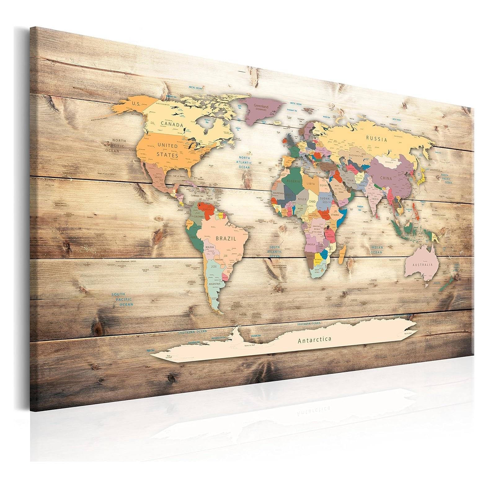 artgeist Acoustic Canvas Wall Art Print World Map 35x24 in - 1pcs Picture with Acoustic Foam Sound Print Artwork Room Acoustics Soundproofing World Travel Map Wood k-B-0009-b-b