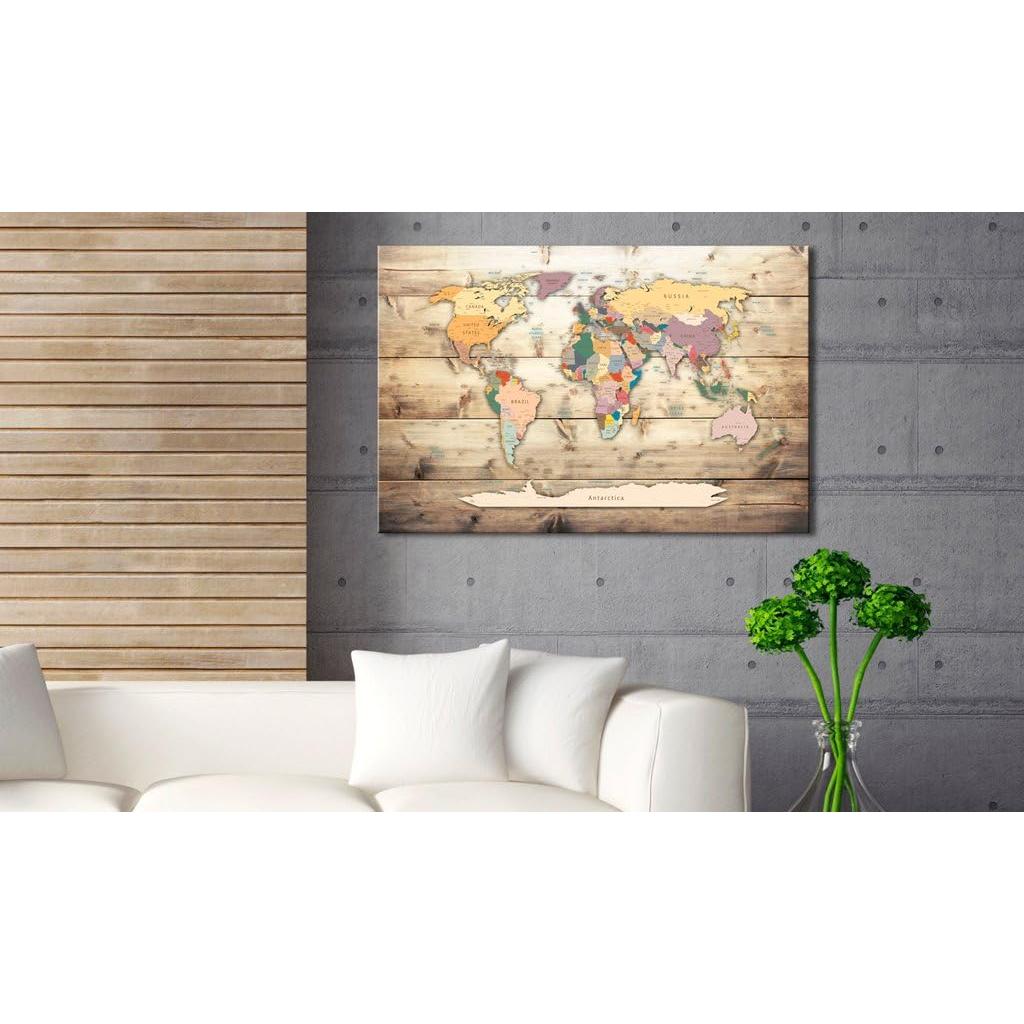 artgeist Acoustic Canvas Wall Art Print World Map 35x24 in - 1pcs Picture with Acoustic Foam Sound Print Artwork Room Acoustics Soundproofing World Travel Map Wood k-B-0009-b-b