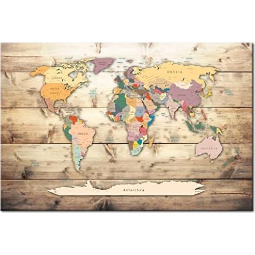 artgeist Acoustic Canvas Wall Art Print World Map 35x24 in - 1pcs Picture with Acoustic Foam Sound Print Artwork Room Acoustics Soundproofing World Travel Map Wood k-B-0009-b-b