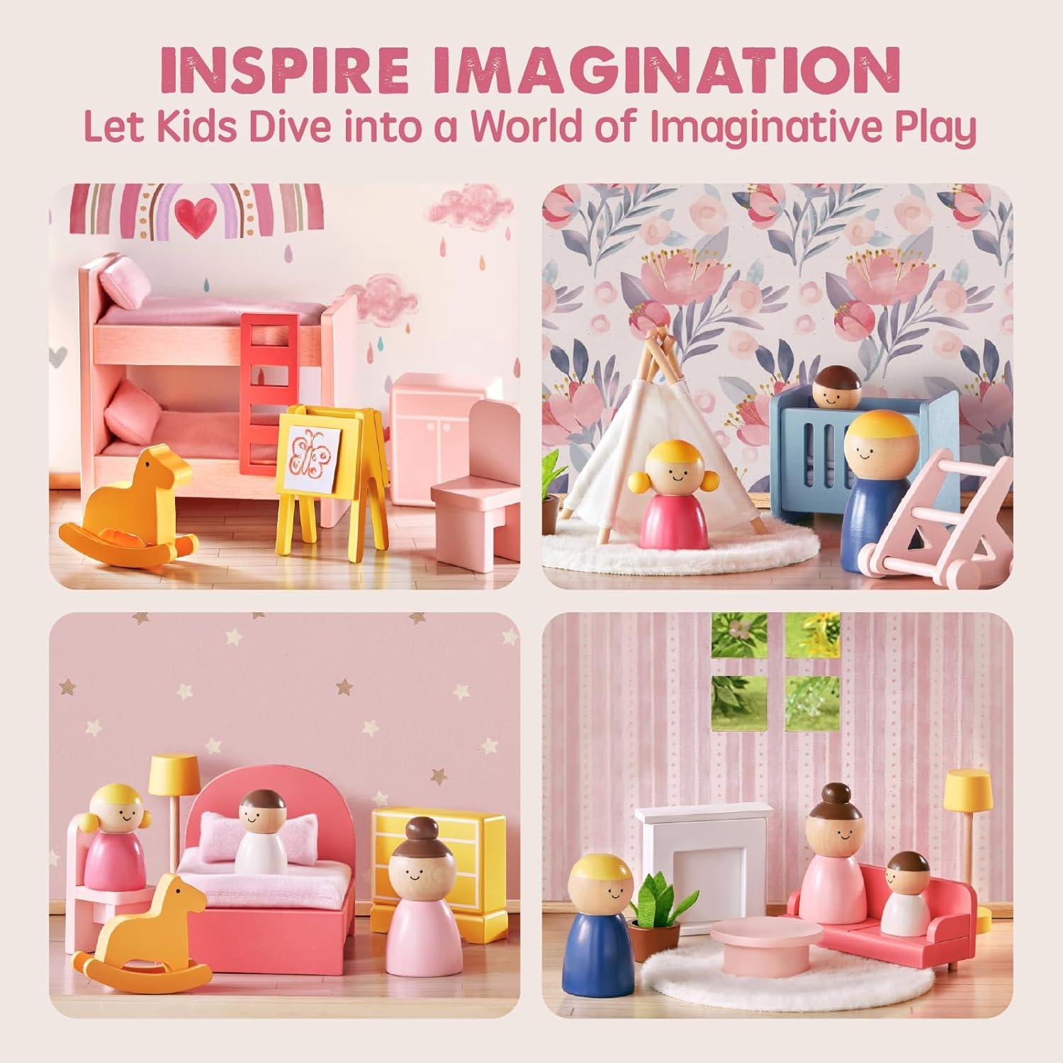 Casa de Muñecas de Madera Tiny Land 6 Habitaciones 30 Accesorios