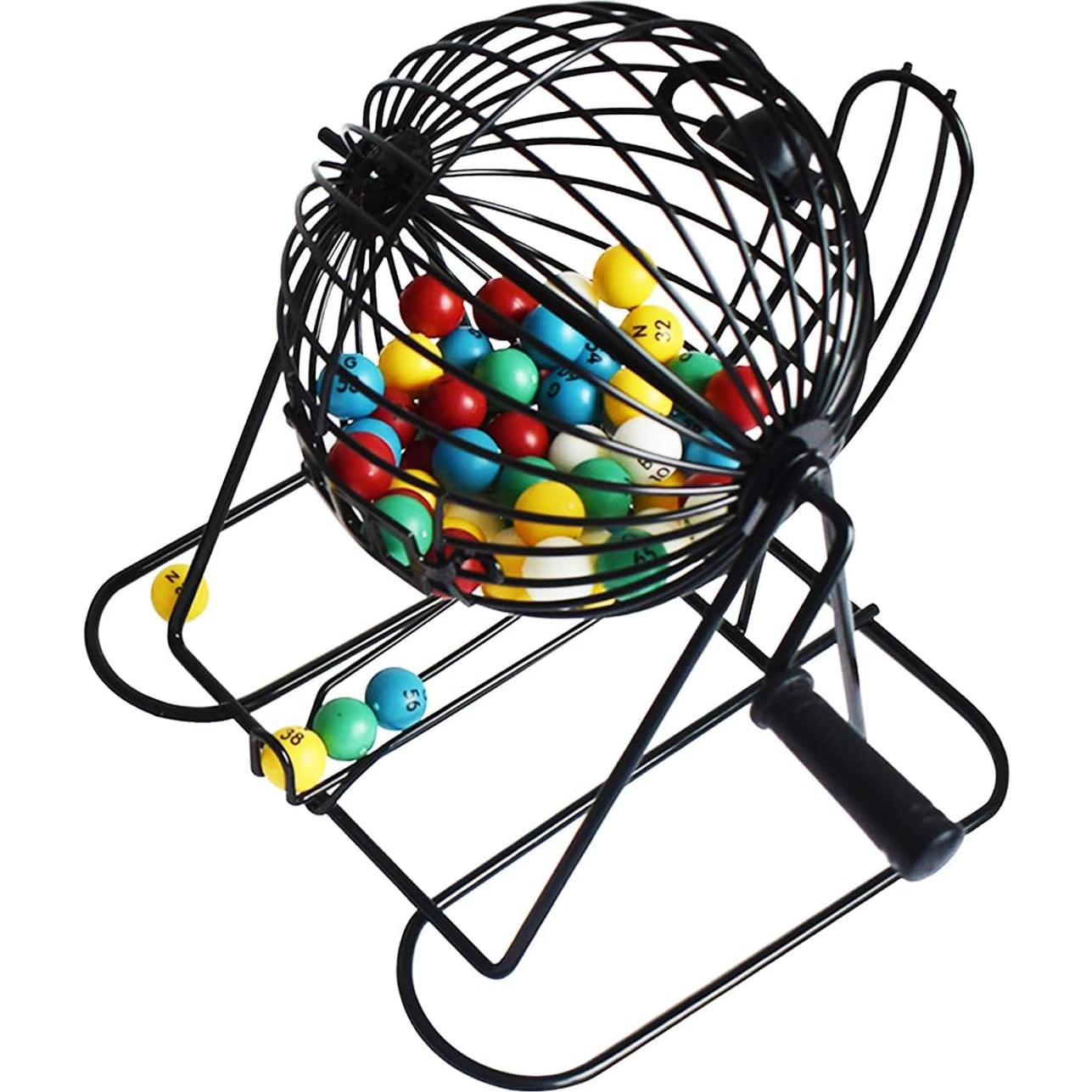 Juego de Bingo Deluxe Yuanhe - Jaula Metal 15 cm, 75 Bolas, 100 Tarjetas