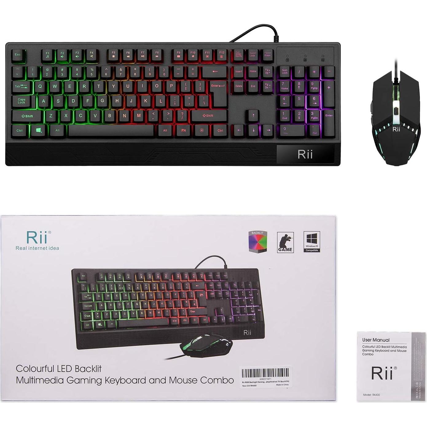 Combo Teclado y Ratón Gaming Rii RK400 RGB Ergonómico
