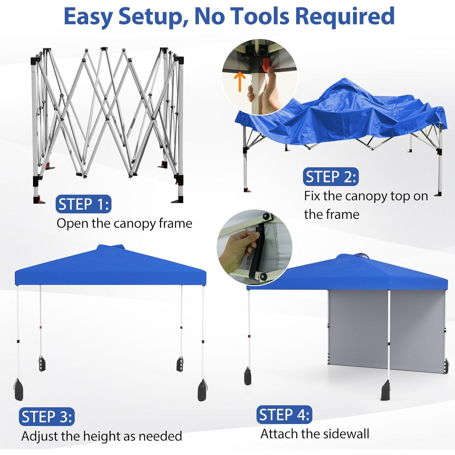 Goplus 10x10 Pop Up Canopy with 1 Sidewall, UPF50+ Outdoor Shade Canopy w/Wheeled Bag, Vented Top, 4 Sandbags, 8 Stakes, 4 Anchors, 4 Wind Ropes, Easy Up Portable Patio Canopy Tent for Party Camping