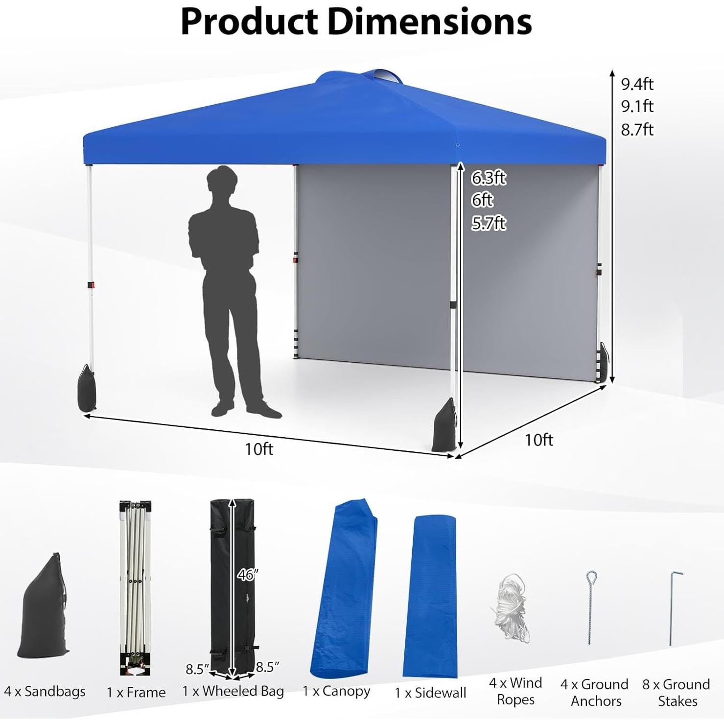 Goplus 10x10 Pop Up Canopy with 1 Sidewall, UPF50+ Outdoor Shade Canopy w/Wheeled Bag, Vented Top, 4 Sandbags, 8 Stakes, 4 Anchors, 4 Wind Ropes, Easy Up Portable Patio Canopy Tent for Party Camping