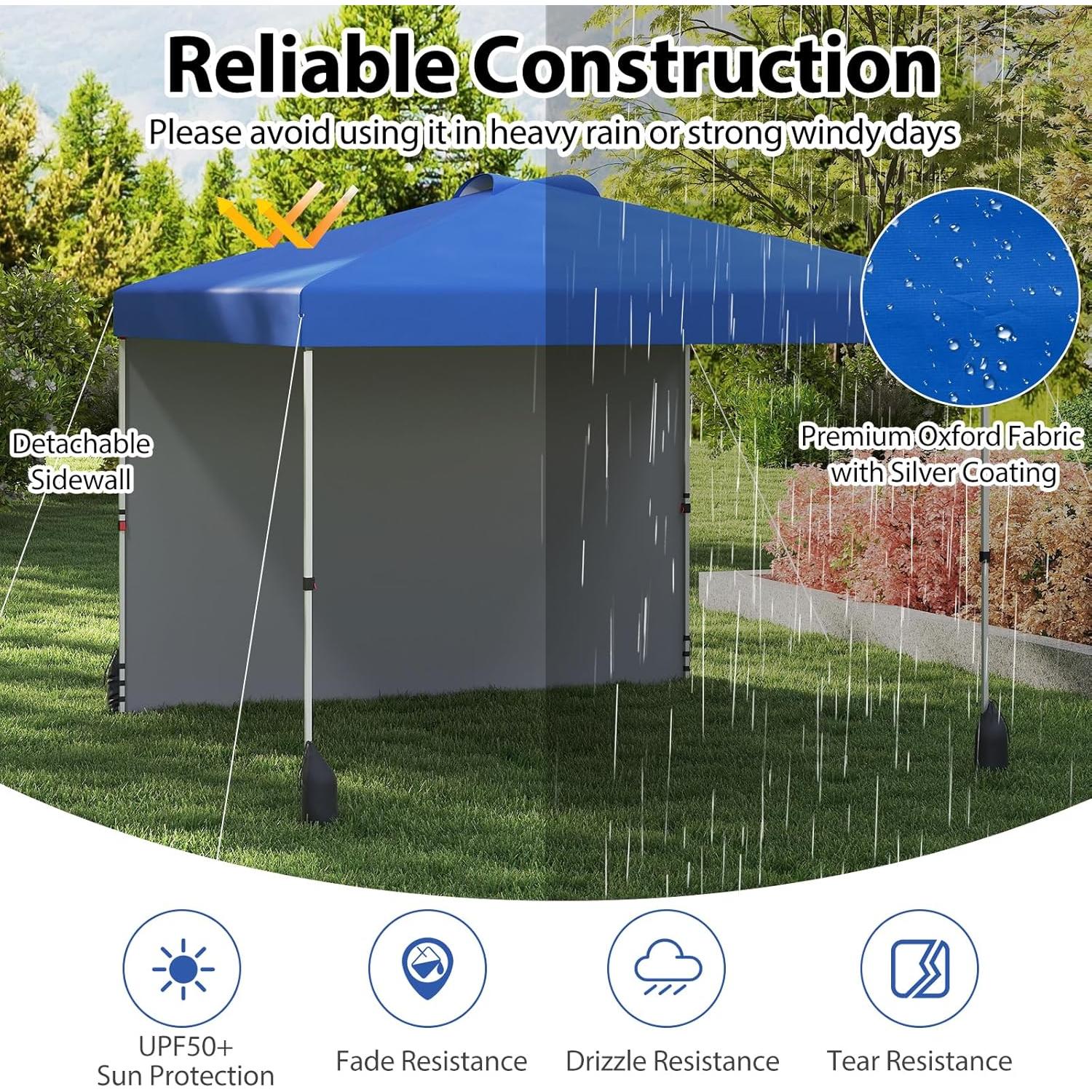 Goplus 10x10 Pop Up Canopy with 1 Sidewall, UPF50+ Outdoor Shade Canopy w/Wheeled Bag, Vented Top, 4 Sandbags, 8 Stakes, 4 Anchors, 4 Wind Ropes, Easy Up Portable Patio Canopy Tent for Party Camping