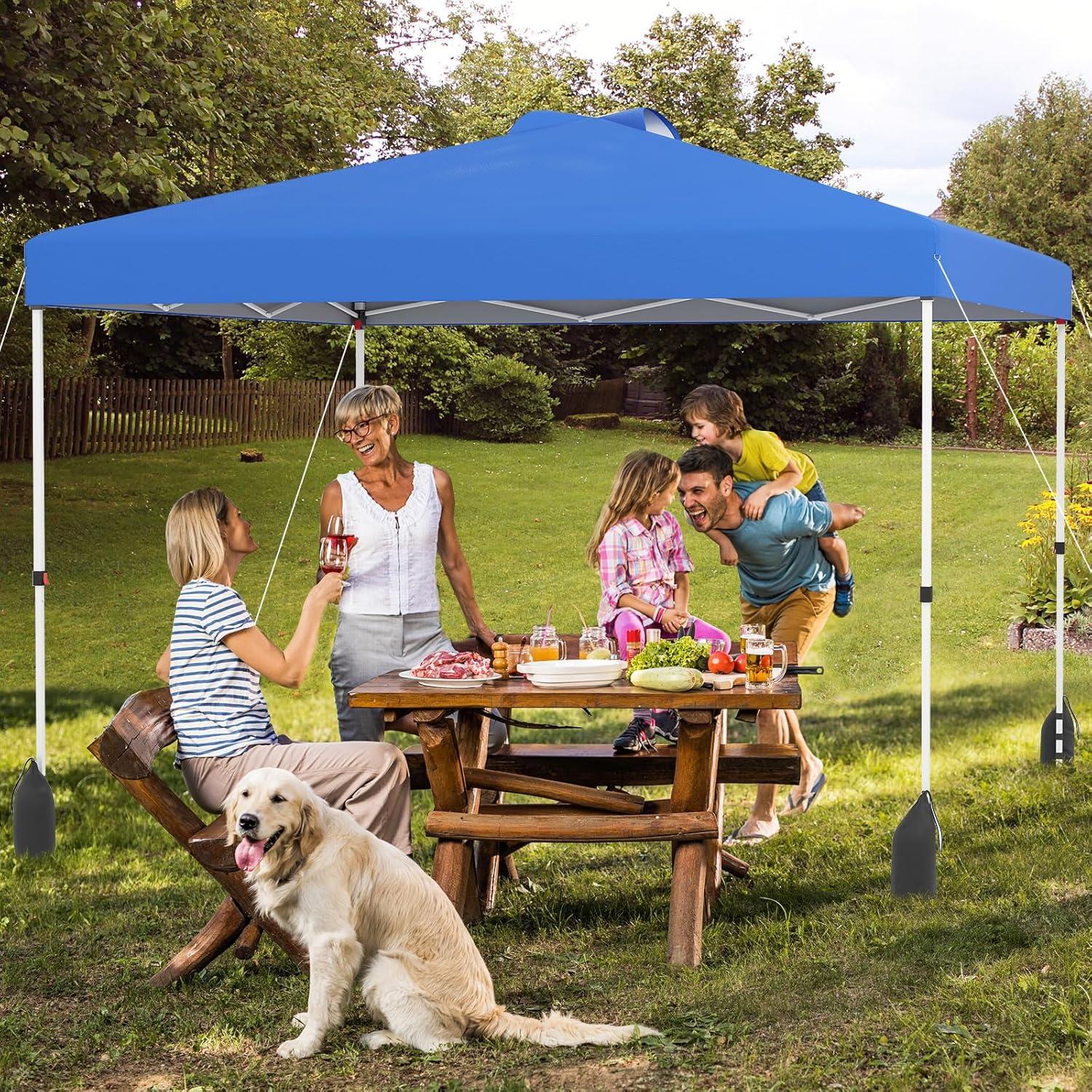 Goplus 10x10 Pop Up Canopy with 1 Sidewall, UPF50+ Outdoor Shade Canopy w/Wheeled Bag, Vented Top, 4 Sandbags, 8 Stakes, 4 Anchors, 4 Wind Ropes, Easy Up Portable Patio Canopy Tent for Party Camping