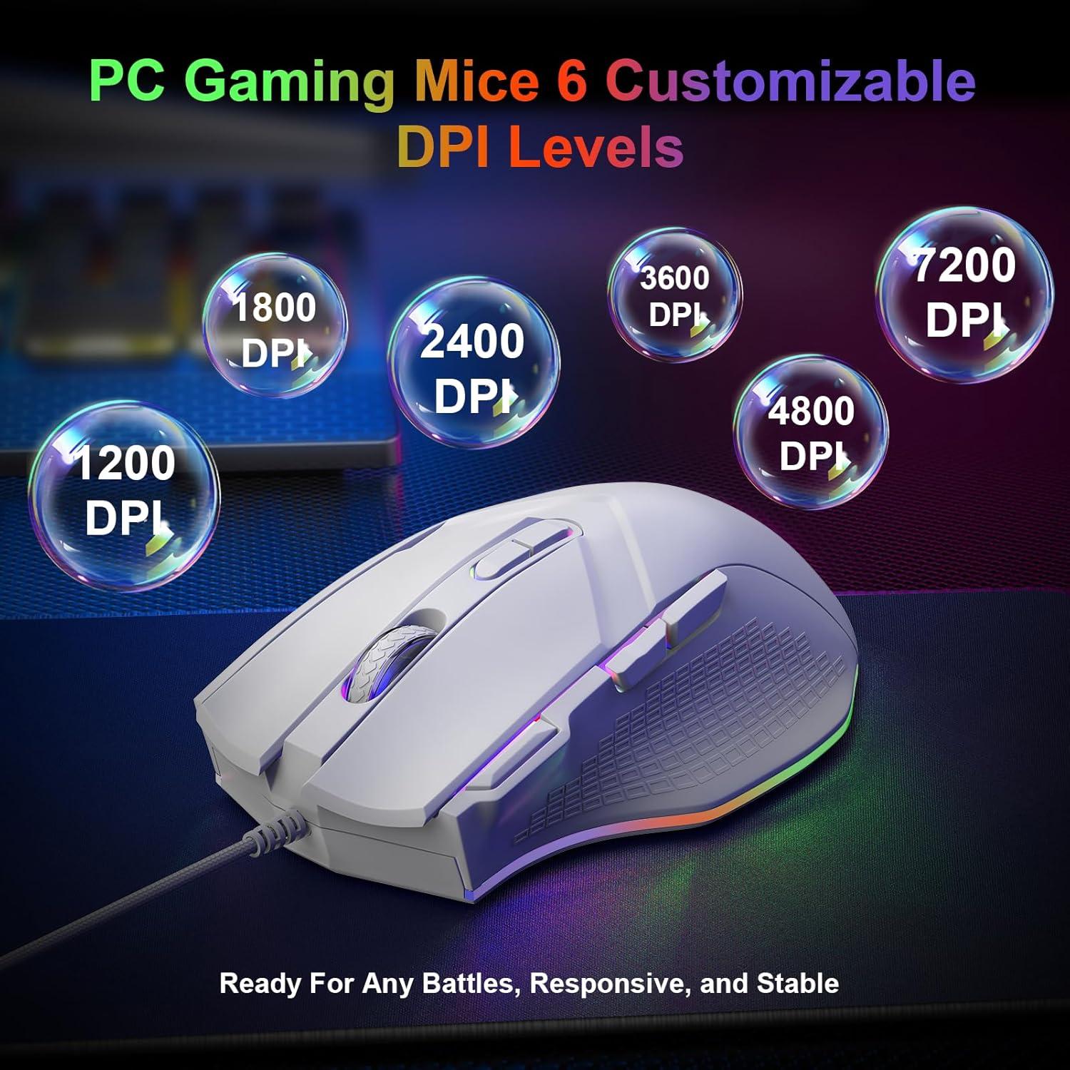 LEWENTECH Ratón Gaming Blanco 6 DPI hasta 7200 RGB