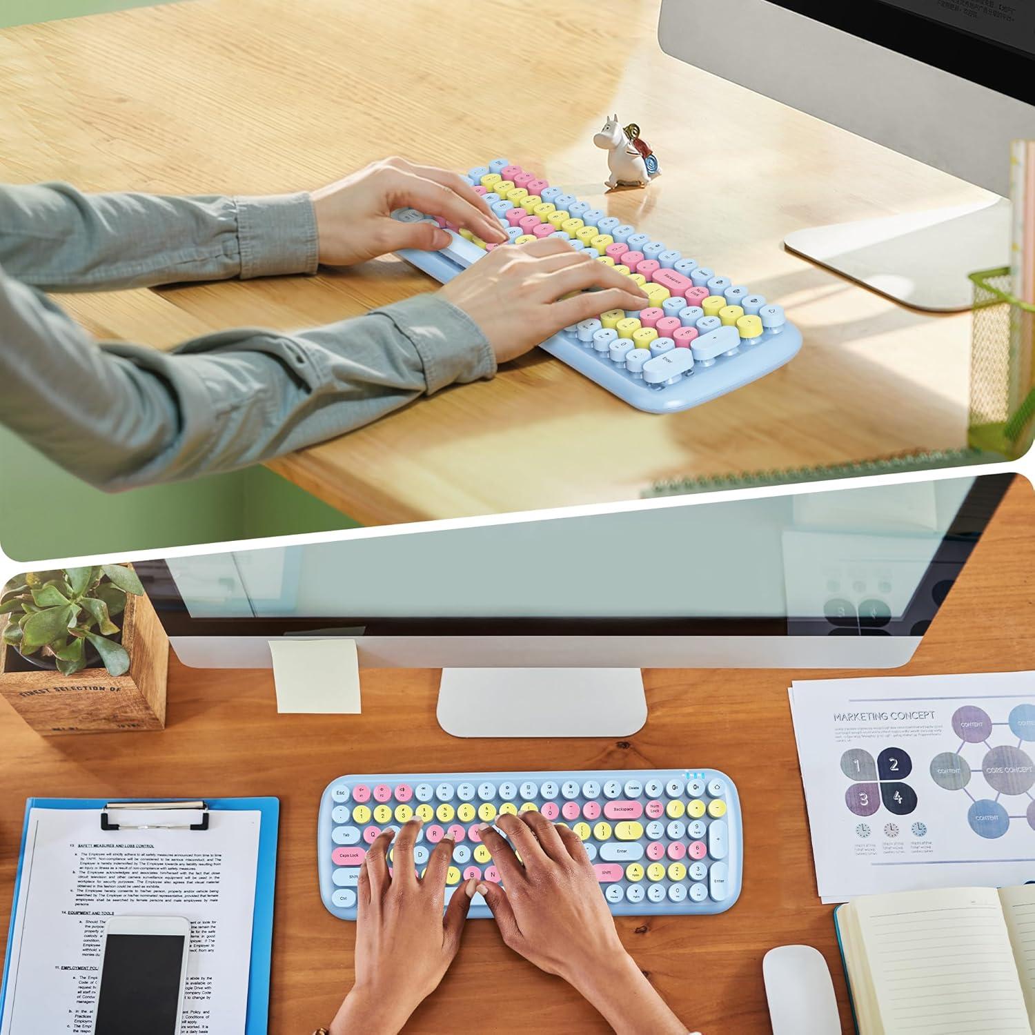 Teclado Inalámbrico Bluetooth Mosptnspg 100 Teclas Retro Rosa