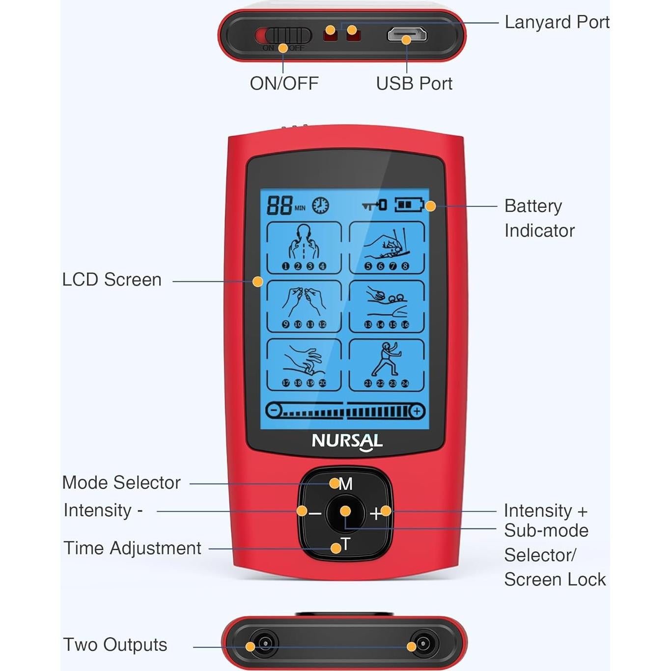 Estimulador Muscular NURSAL TENS 24 Modos con Almohadillas