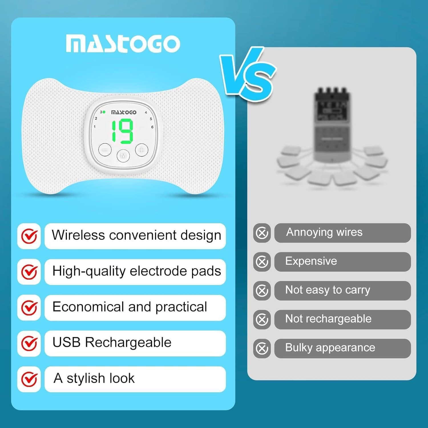 Unidad TENS Inalámbrica MASTOGO - 6 Modos y 19 Intensidades