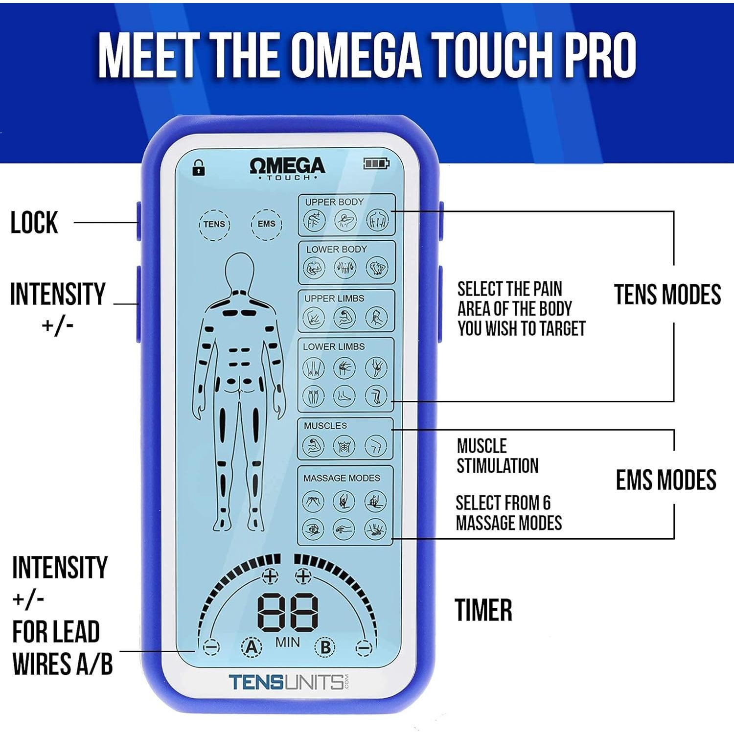 Unidad TENS Omega Touch Estimulador Muscular 24 Modos