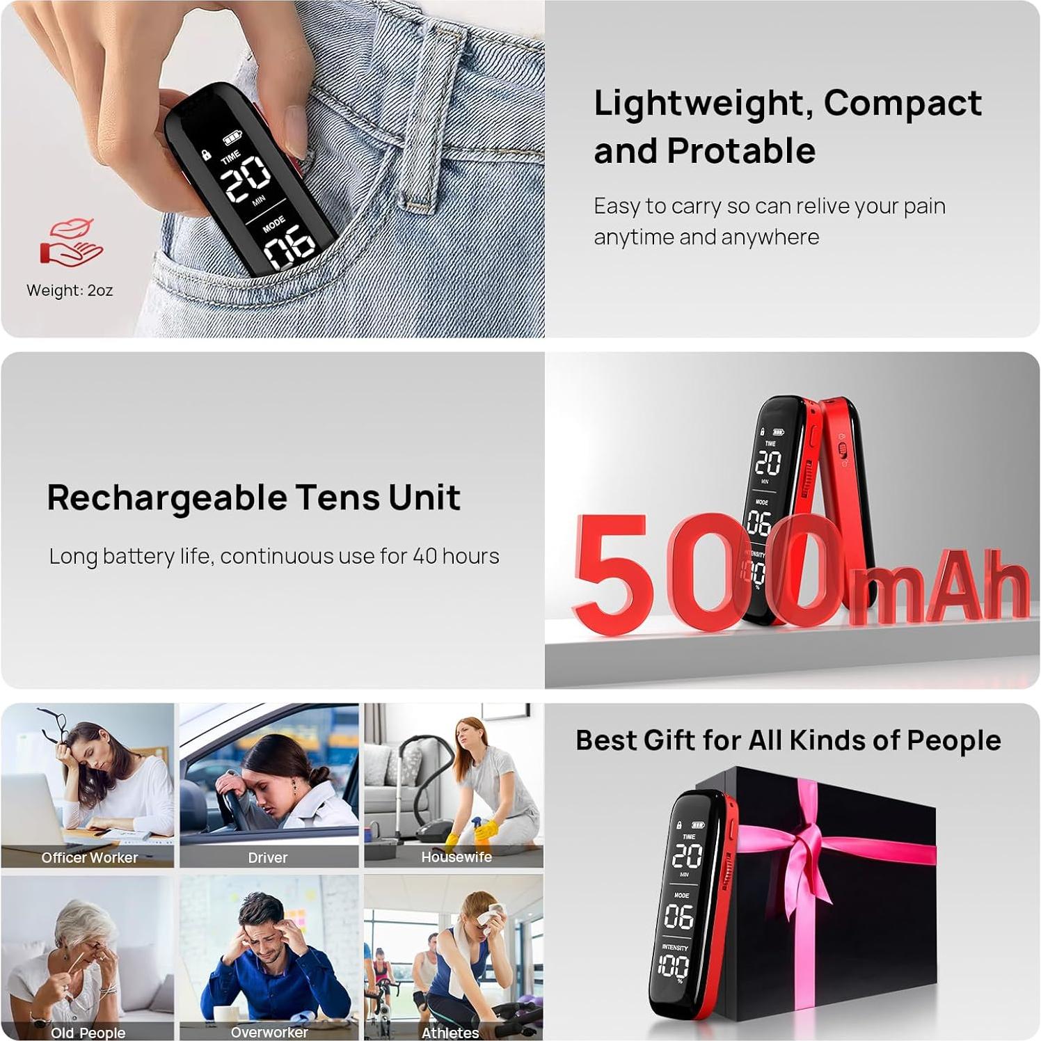 Unidad TENS Estimulador Muscular Doble Canal 6 Modos 20 Niveles