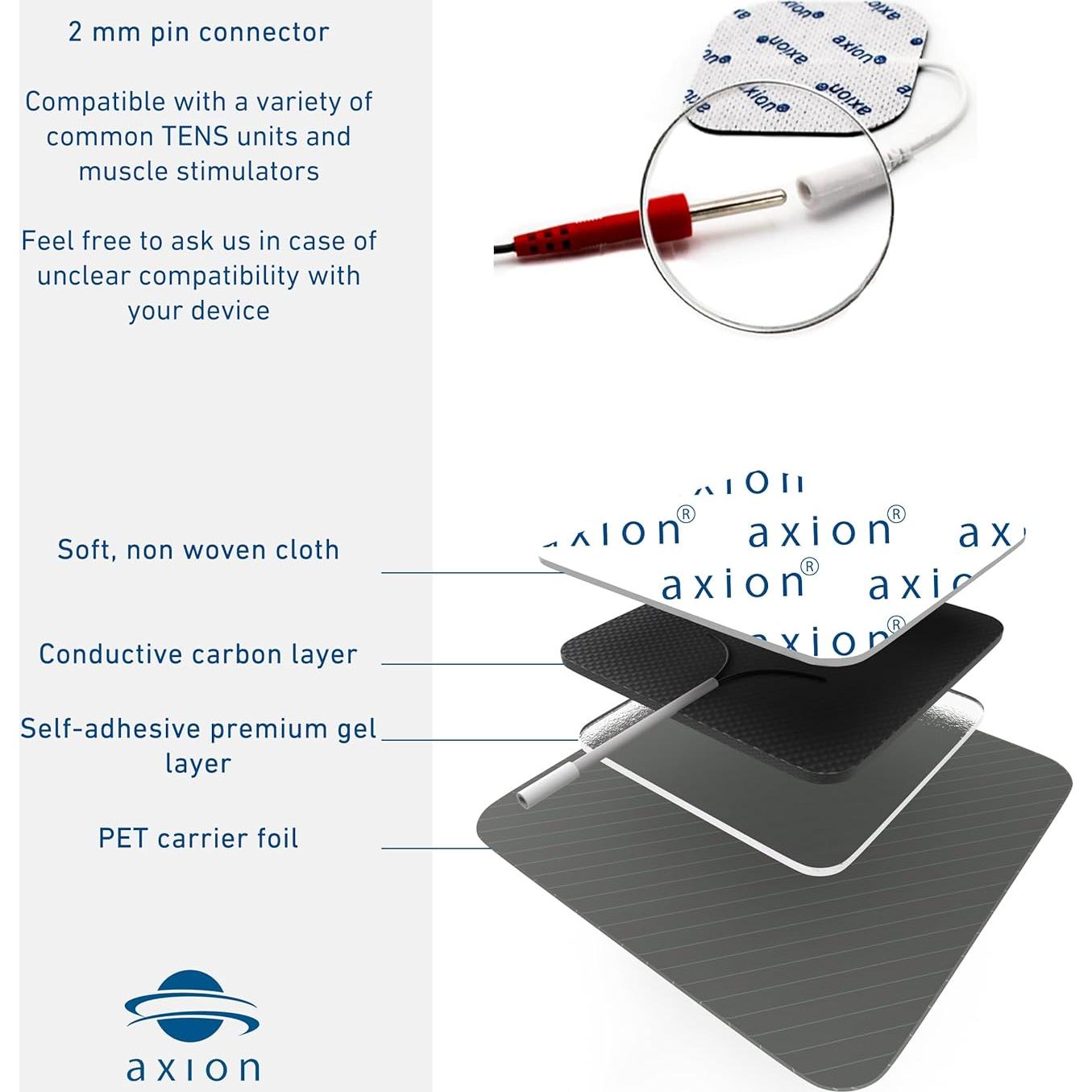 16 Almohadillas Electrodos TENS Axion 5x5 cm Reutilizables