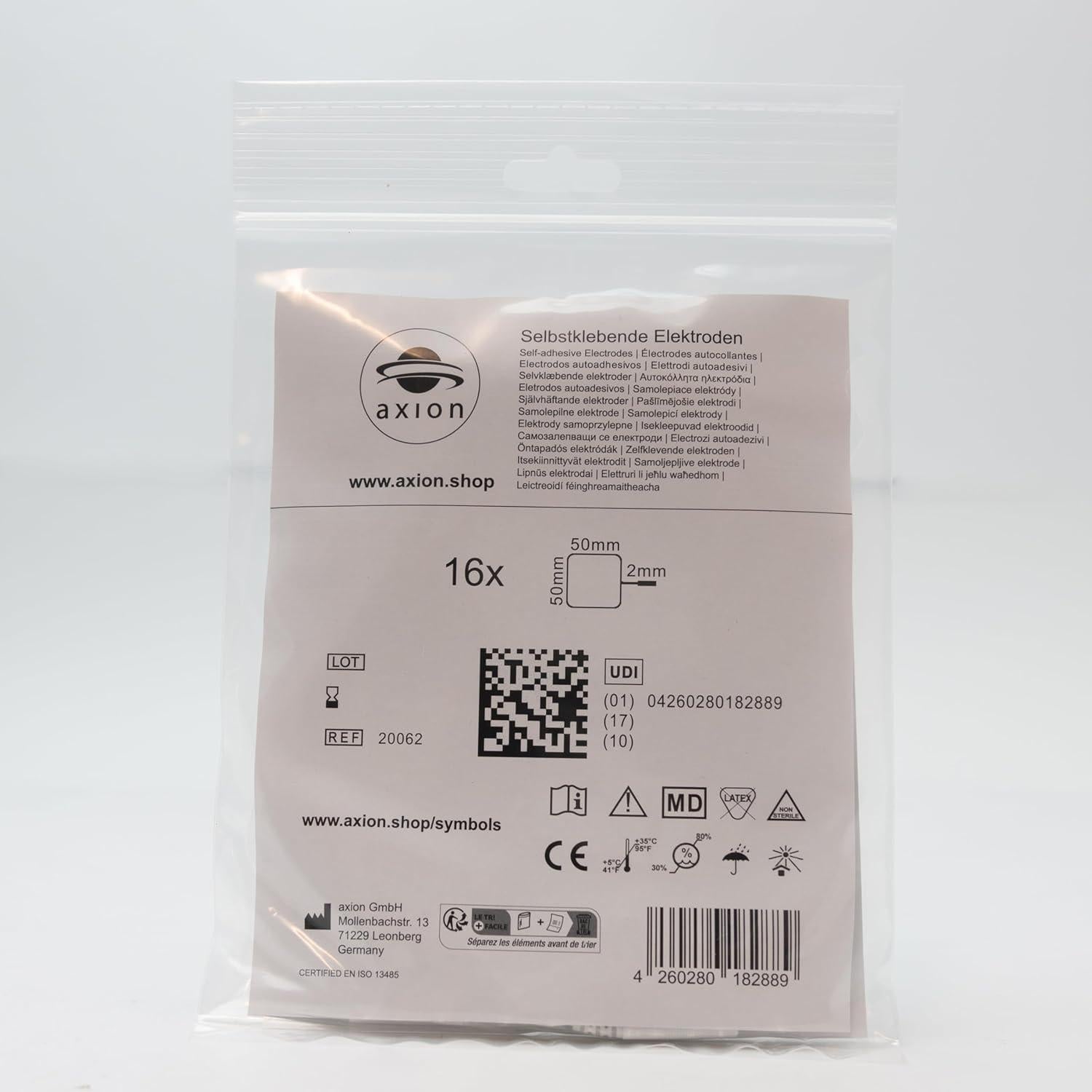 16 Almohadillas Electrodos TENS Axion 5x5 cm Reutilizables