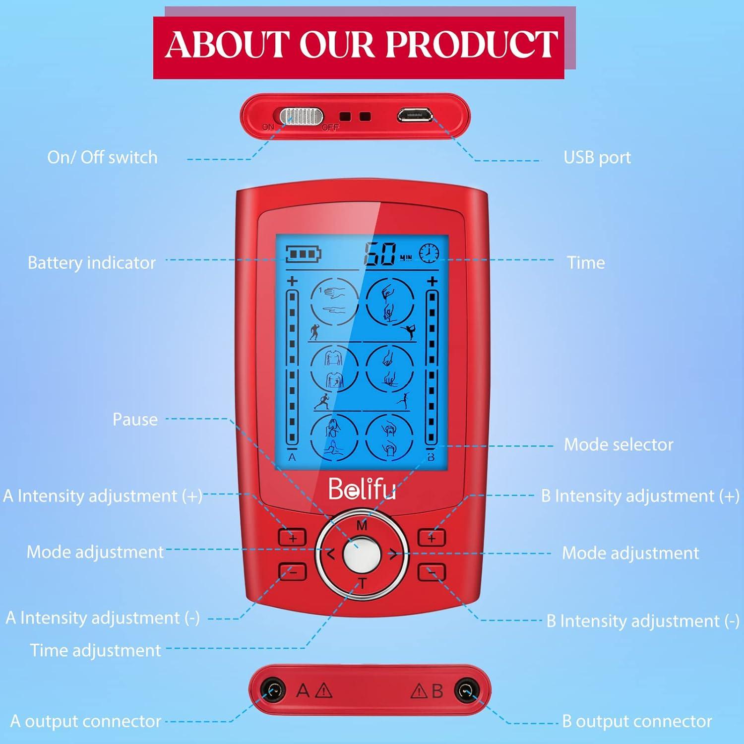 Unidad TENS Belifu Doble Canal con 12 Almohadillas y 24 Modos