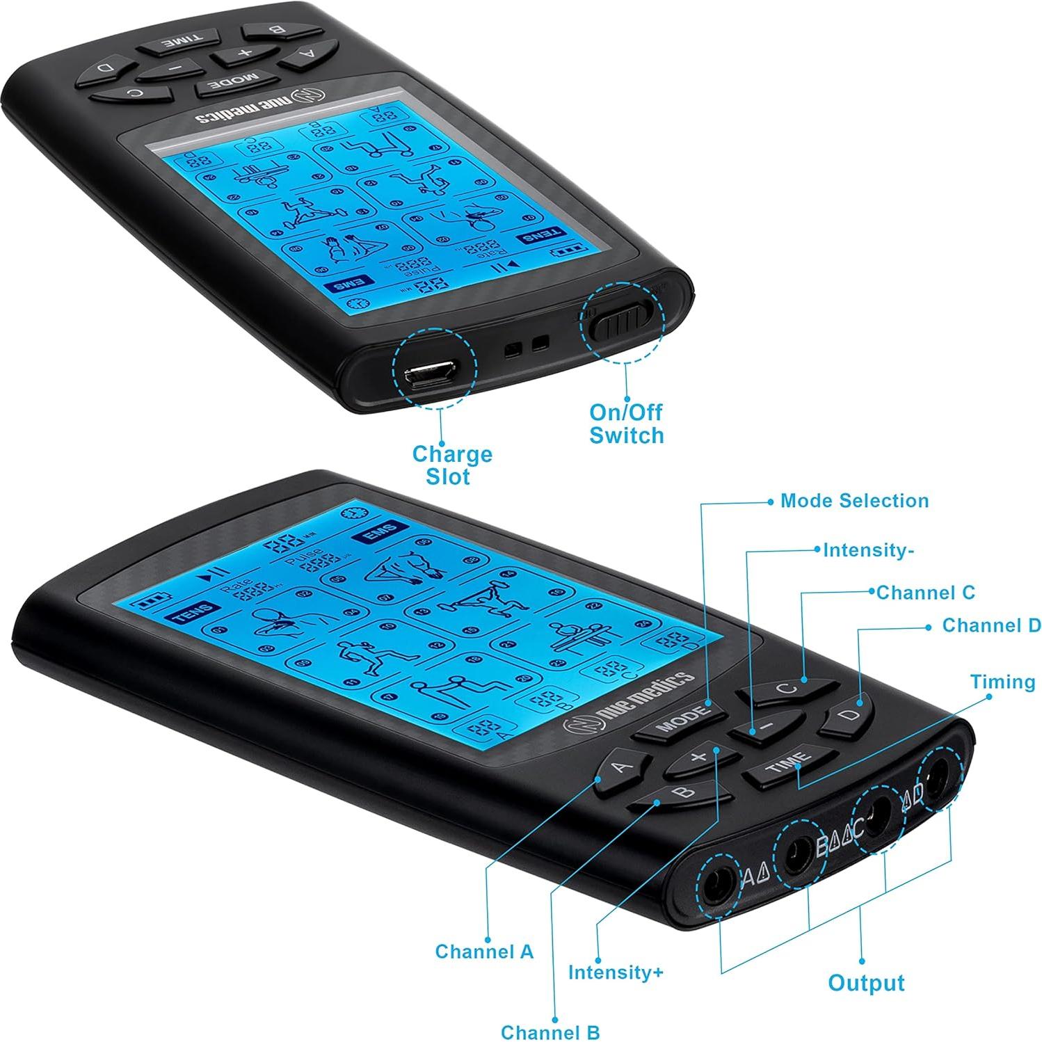 Unidad TENS EMS NueMedics 4 Canales, Alivio Dolor, 24 Modos