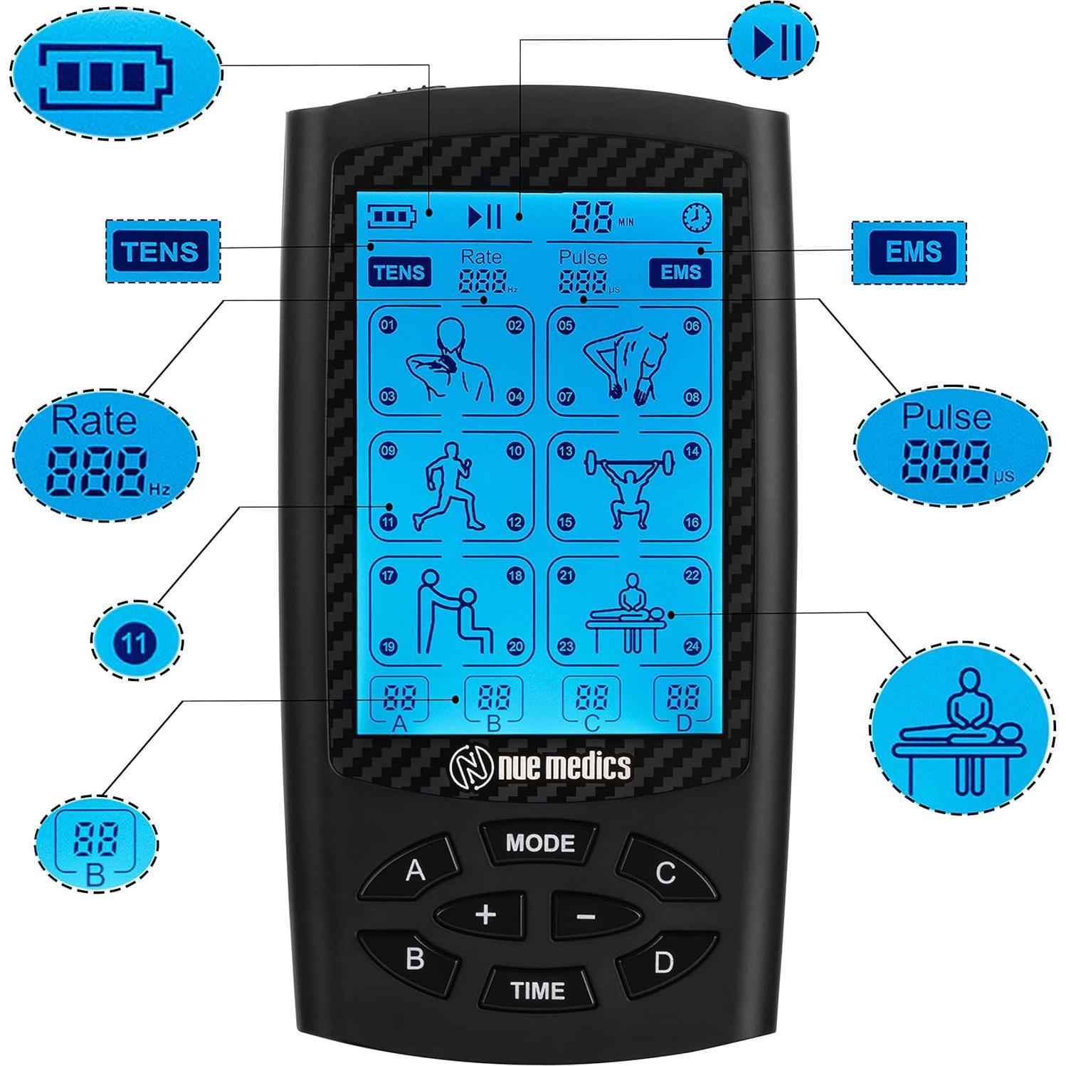 Unidad TENS EMS NueMedics 4 Canales, Alivio Dolor, 24 Modos