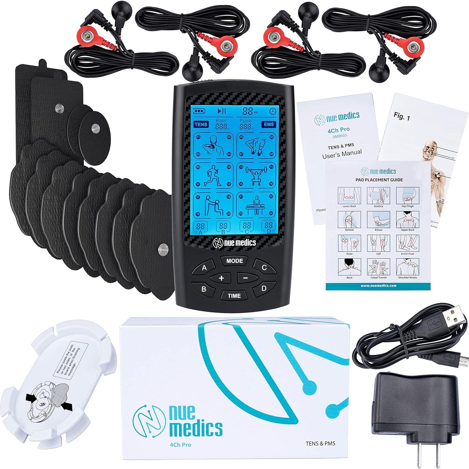 Unidad TENS EMS NueMedics 4 Canales, Alivio Dolor, 24 Modos