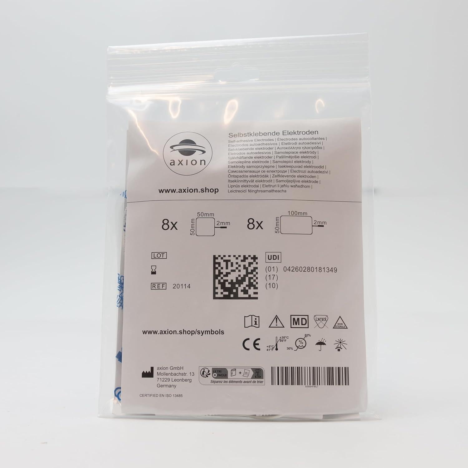 16 Almohadillas Electrodos TENS Axion - 8 Cuadradas 5x5cm y 8 Rectangulares 10x5cm