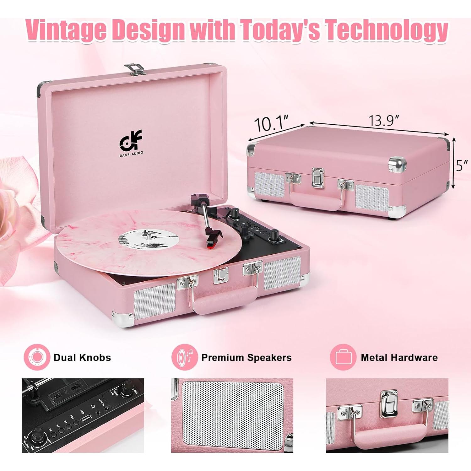 Tocadiscos Portátil Rosa DANFI AUDIO TE-2021PK Bluetooth USB