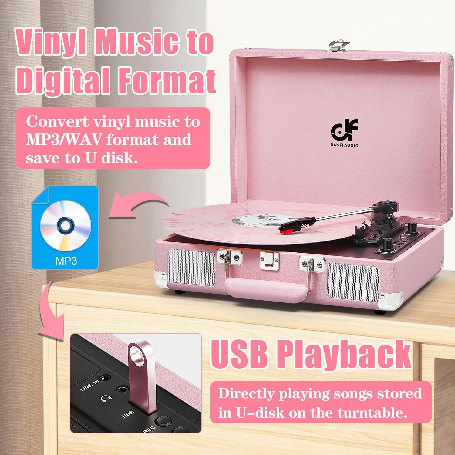 Tocadiscos Portátil Rosa DANFI AUDIO TE-2021PK Bluetooth USB