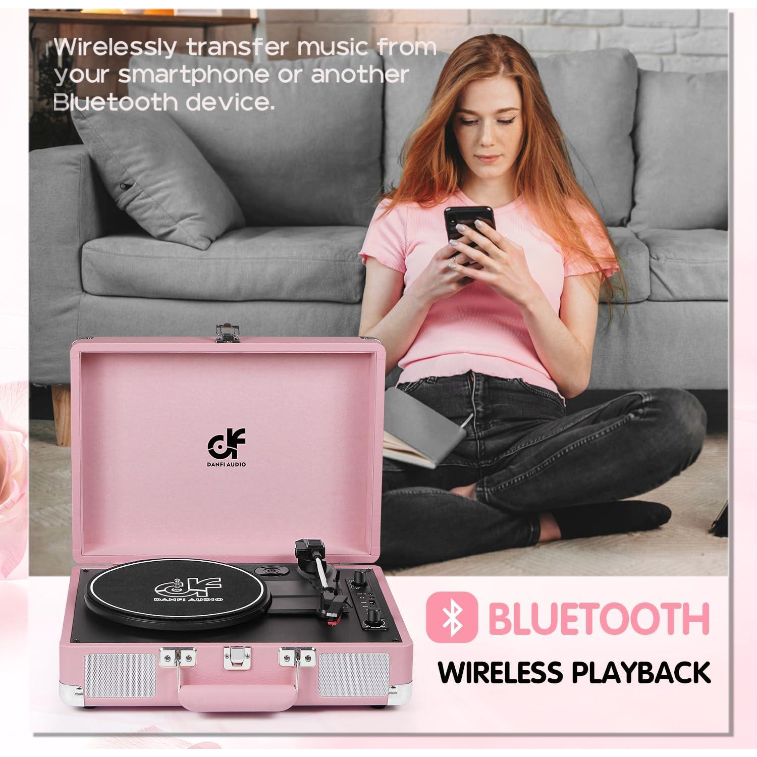 Tocadiscos Portátil Rosa DANFI AUDIO TE-2021PK Bluetooth USB