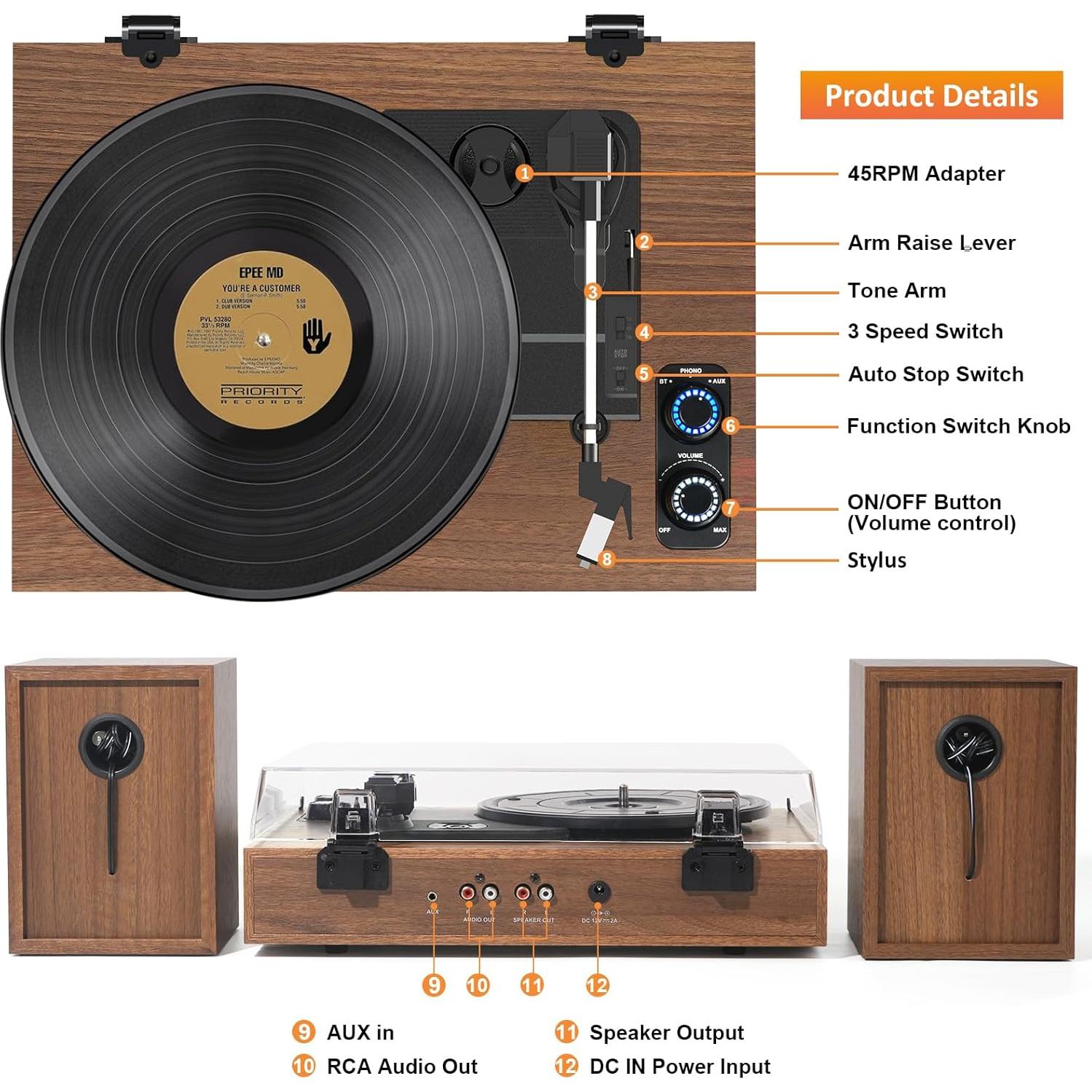 Reproductor de Vinilo TANLANIN TE-2028-TAN Bluetooth 33/45/78 RPM