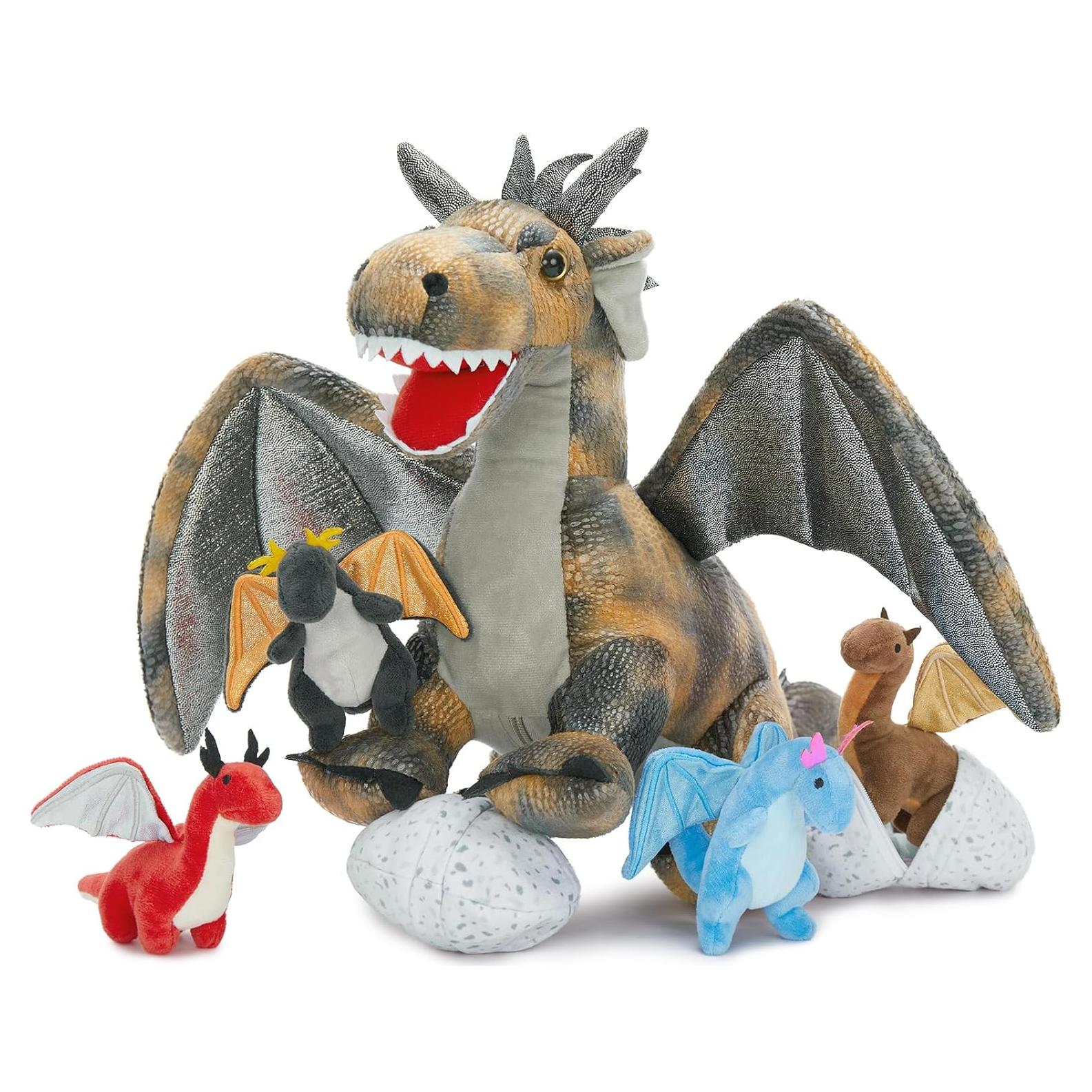 Juego de Peluche Dragón Gris con 4 Bebés y 2 Huevos