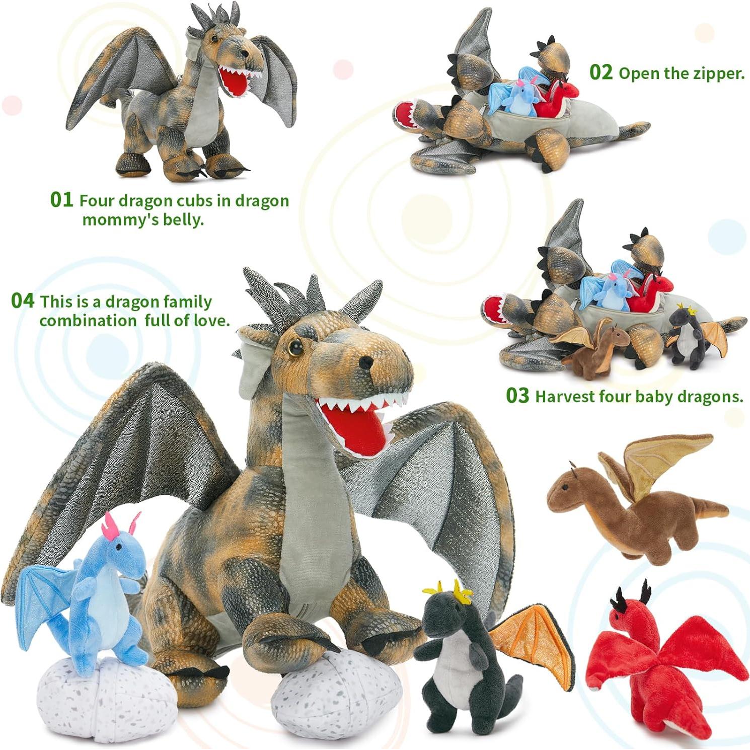 Juego de Peluche Dragón Gris con 4 Bebés y 2 Huevos