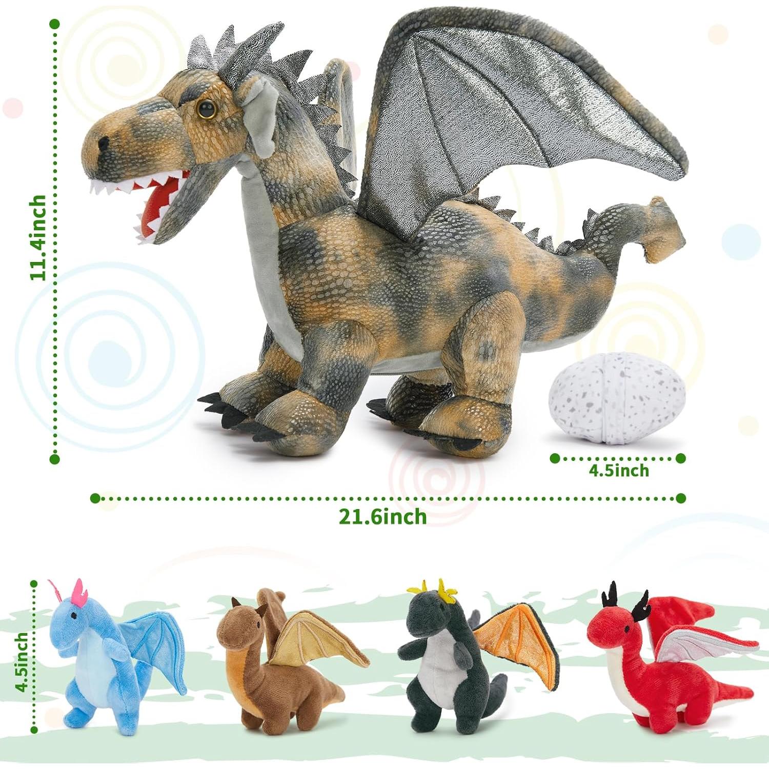 Juego de Peluche Dragón Gris con 4 Bebés y 2 Huevos