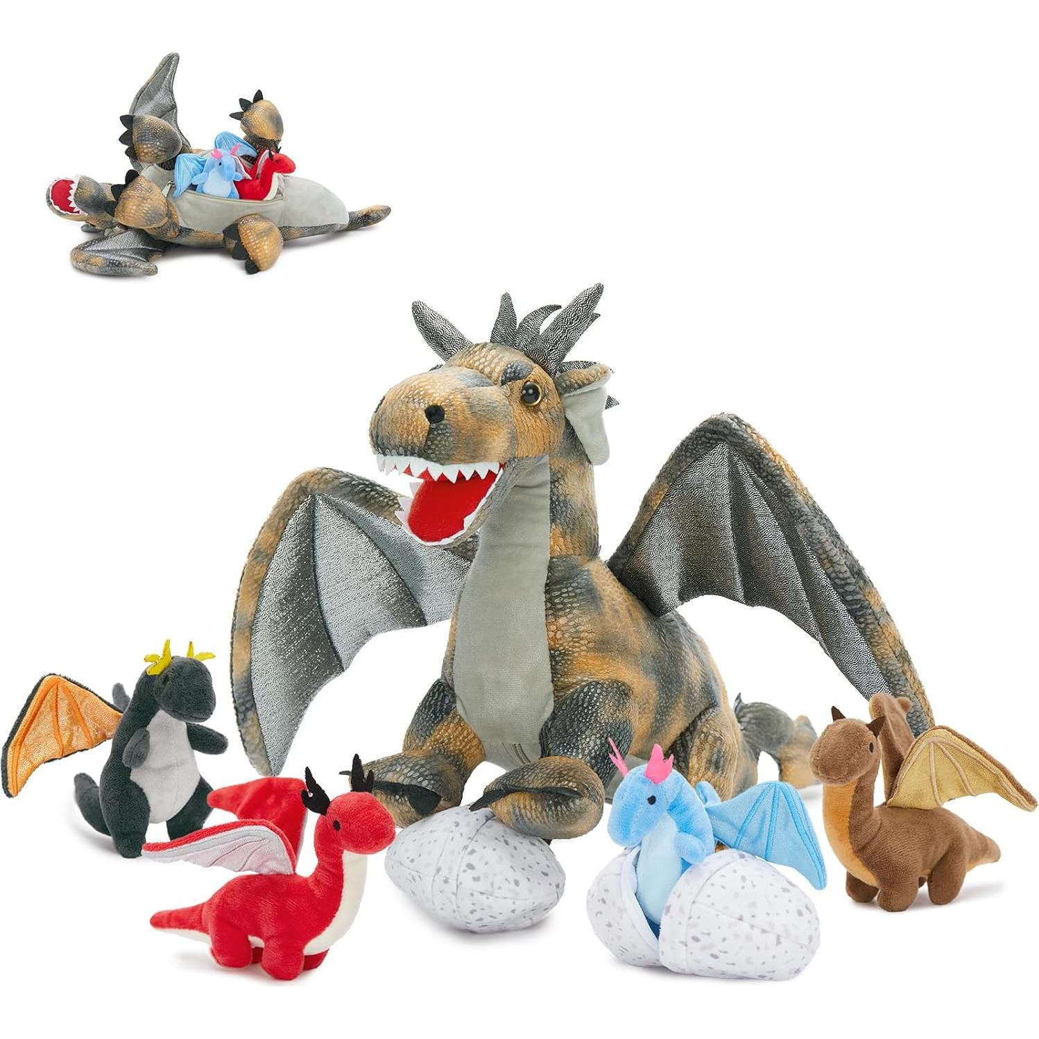 Juego de Peluche Dragón Gris con 4 Bebés y 2 Huevos