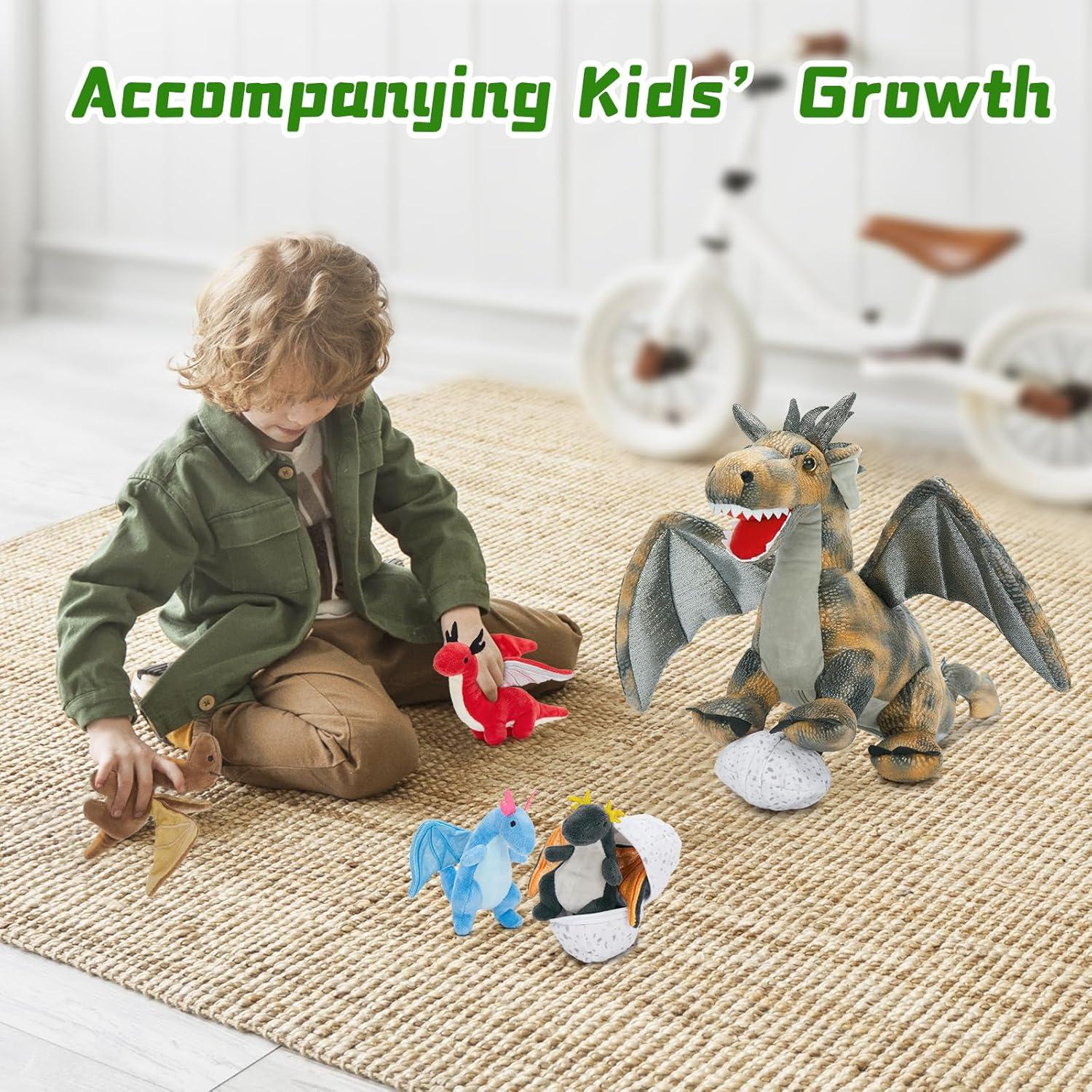 Juego de Peluche Dragón Gris con 4 Bebés y 2 Huevos