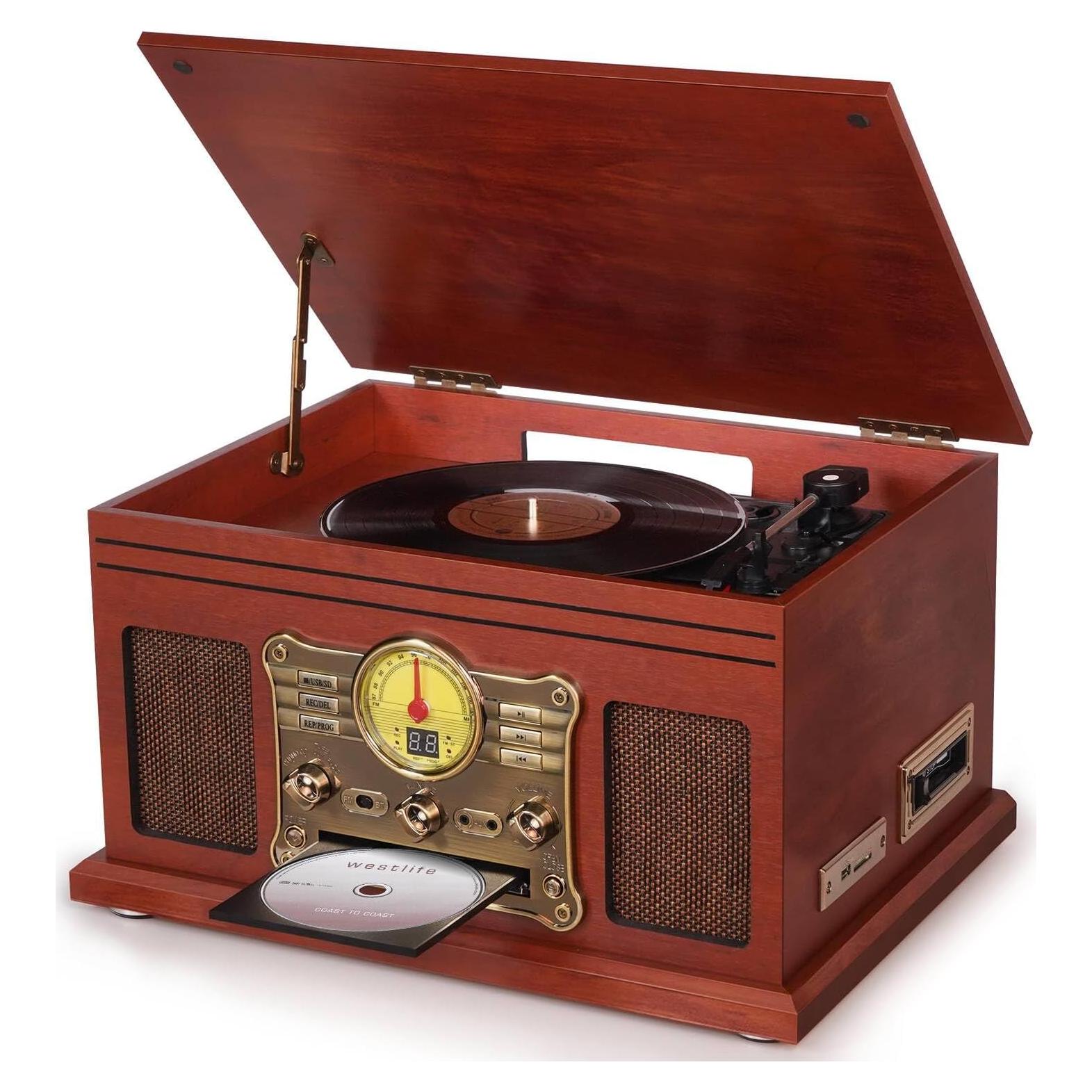 Reproductor de Vinilo Bluetooth FEKTIK M506 10 en 1 Caoba